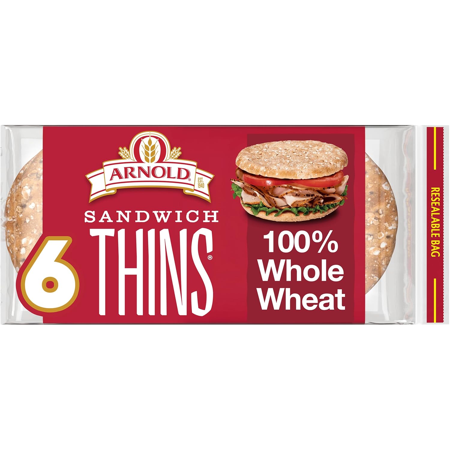 Arnold 100% Whole Wheat Sandwich Thins Rolls - Healthy Pre-Sliced Rounds, No Artificial Colors/Flavors, Premium Olive Oil & Sea Salt, 6 Count