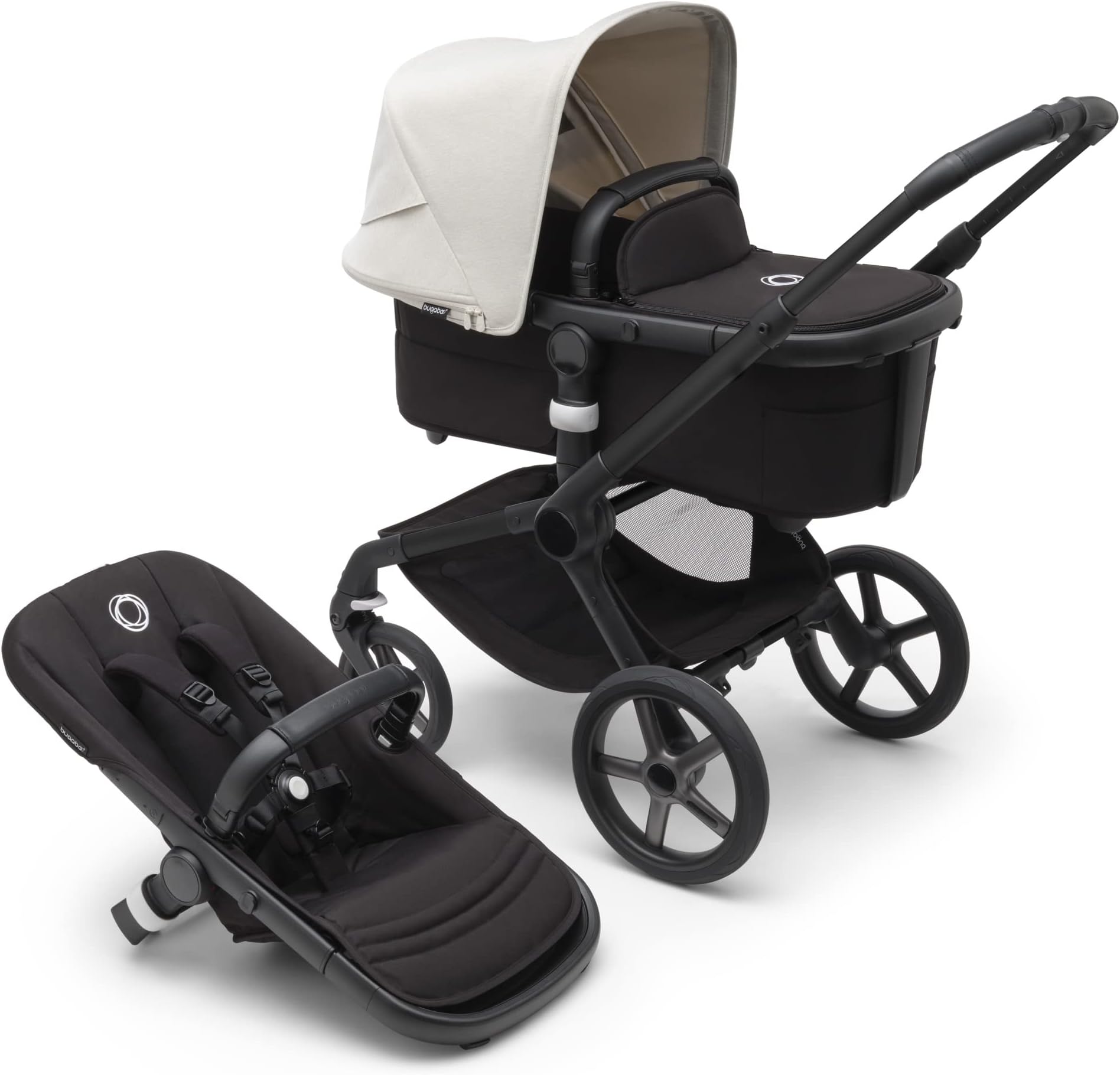 Bugaboo Fox 5 All-Terrain Stroller, 2-in-1 Baby Stroller with Full Suspension, Easy Fold, Spacious Bassinet, Extendable Toddler Seat, One-Handed Maneuverability (Midnight Black-Misty White)