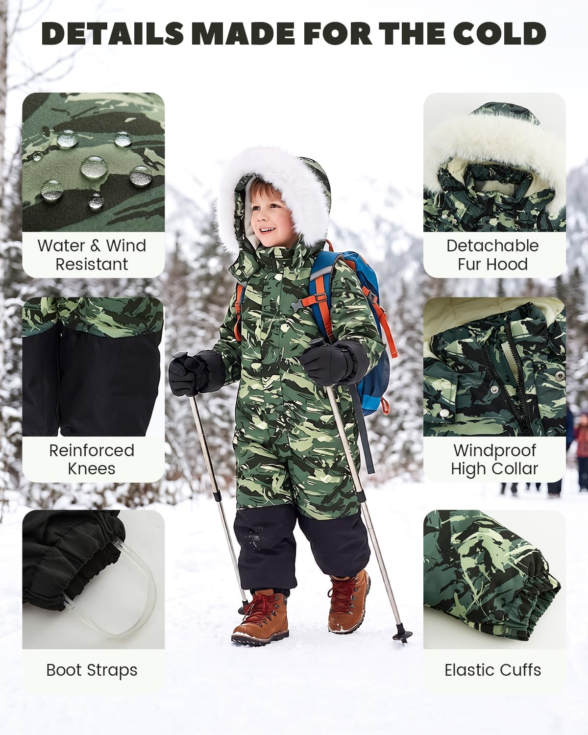 JiAmy Kids One Piece Snowsuit, Insulated Snow Ski Suit for Boys Girls, 1-8Y