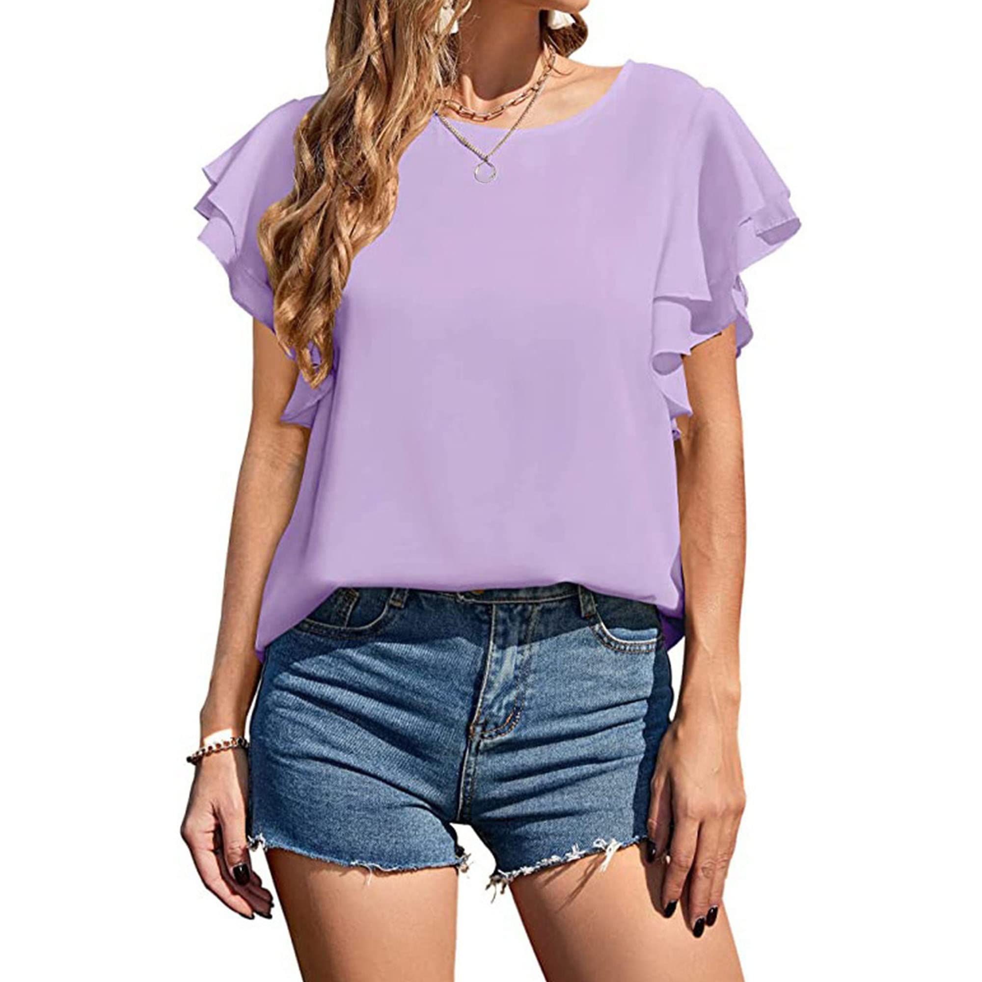 Womens Round Neck Ruffle Short Sleeve Frill Mock Neck Dressy Casual Blouses Elegant Tops Loose Fit Tops (X-Large,Purple)