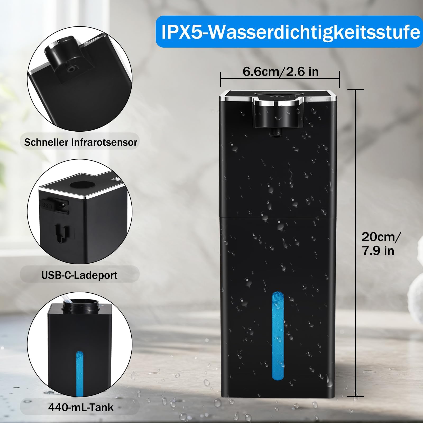 2 dispenser di sapone automatico, fissaggio a parete, senza contatto, 440 ml, 4 livelli regolabili con sensore, ricaricabile USB, 1800 mAh, per cucina, bagno, scuola, hotel (nero)