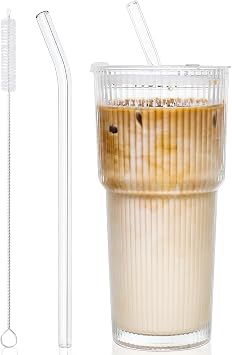 20 Oz Glass Tumbler with Lid and Glass Straw, Modern Drinking Glass Cup Jar for Ice Coffee, Cocktail, Water, Soda, Tea, Juice