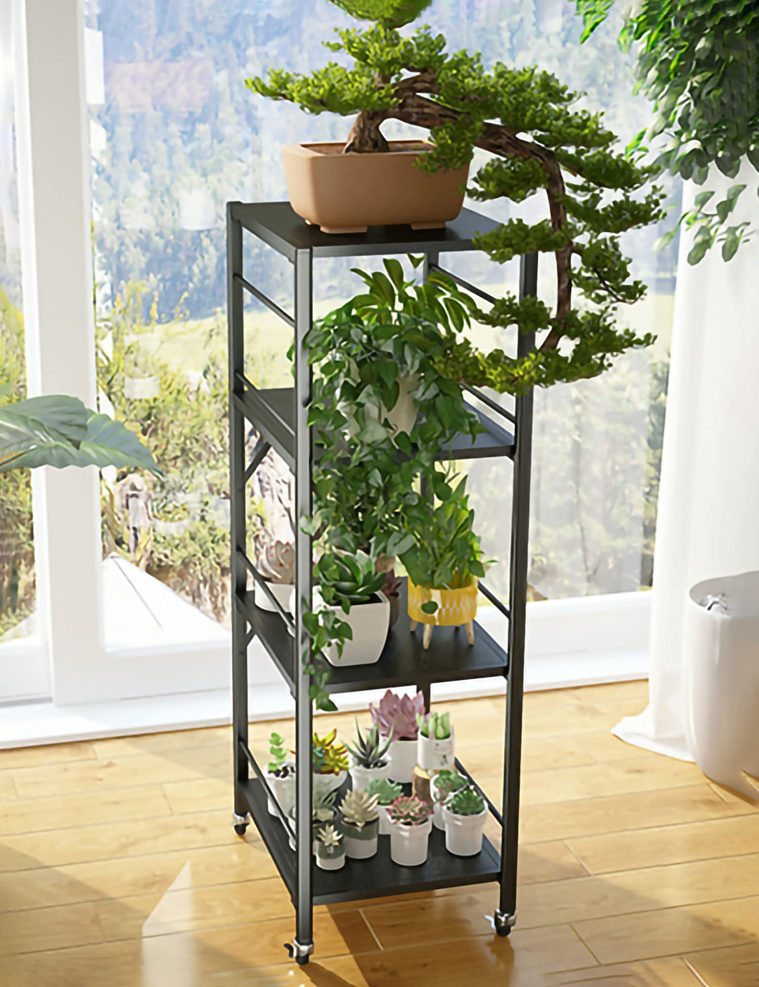 Scaffali pieghevoli Sto a 4 ripiani con ruote, espositore in metallo, unità versatile per soggiorno e ufficio, nero, 117 x 45 x 40 cm