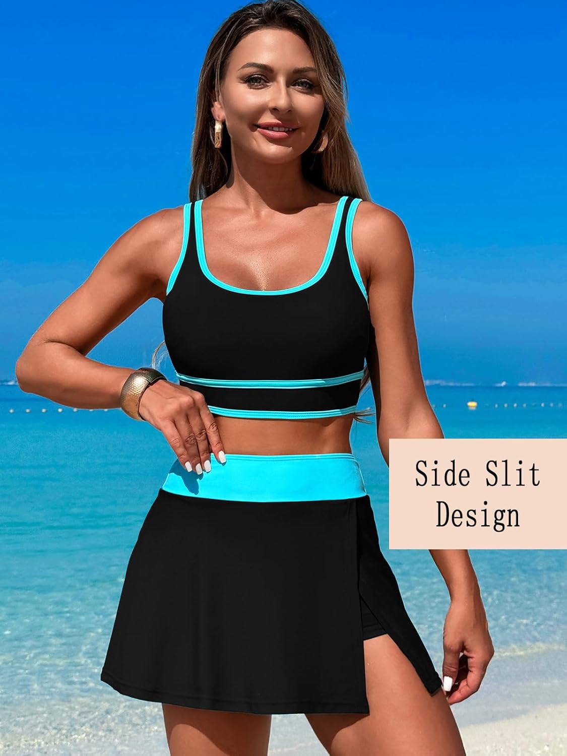Women's High Waisted Bikini Sets Tummy Control Swim Skirt Two Piece Swim Suit Tummy Control Color Block Bathing Suit - Image 6
