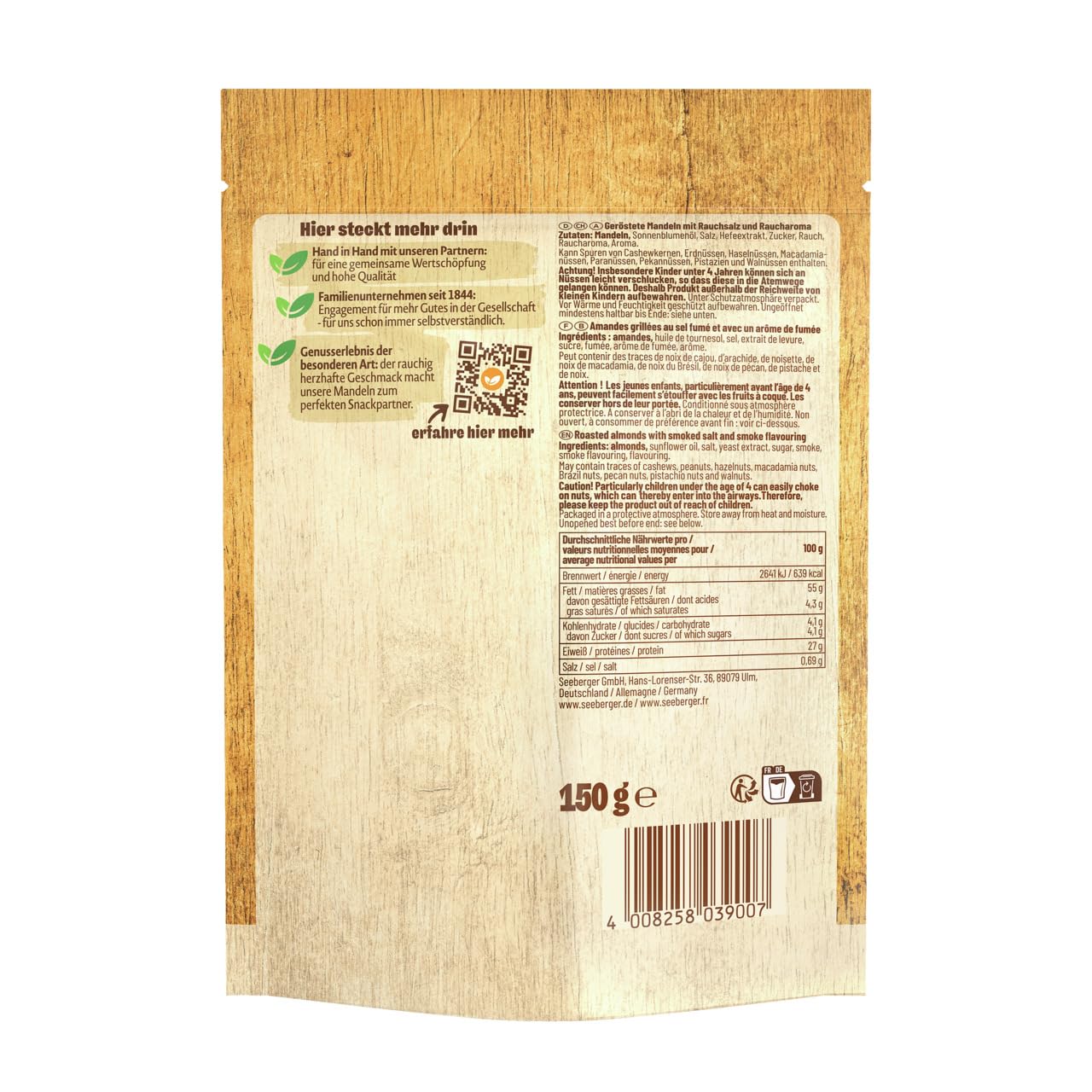 Seeberger Rauchmandeln geröstet & gesalzen 5er Pack: Geröstete Mandeln mit salziger Note und intensivem Raucharoma - im praktischen Zip-Beutel, vegan (5 x 150 g)
