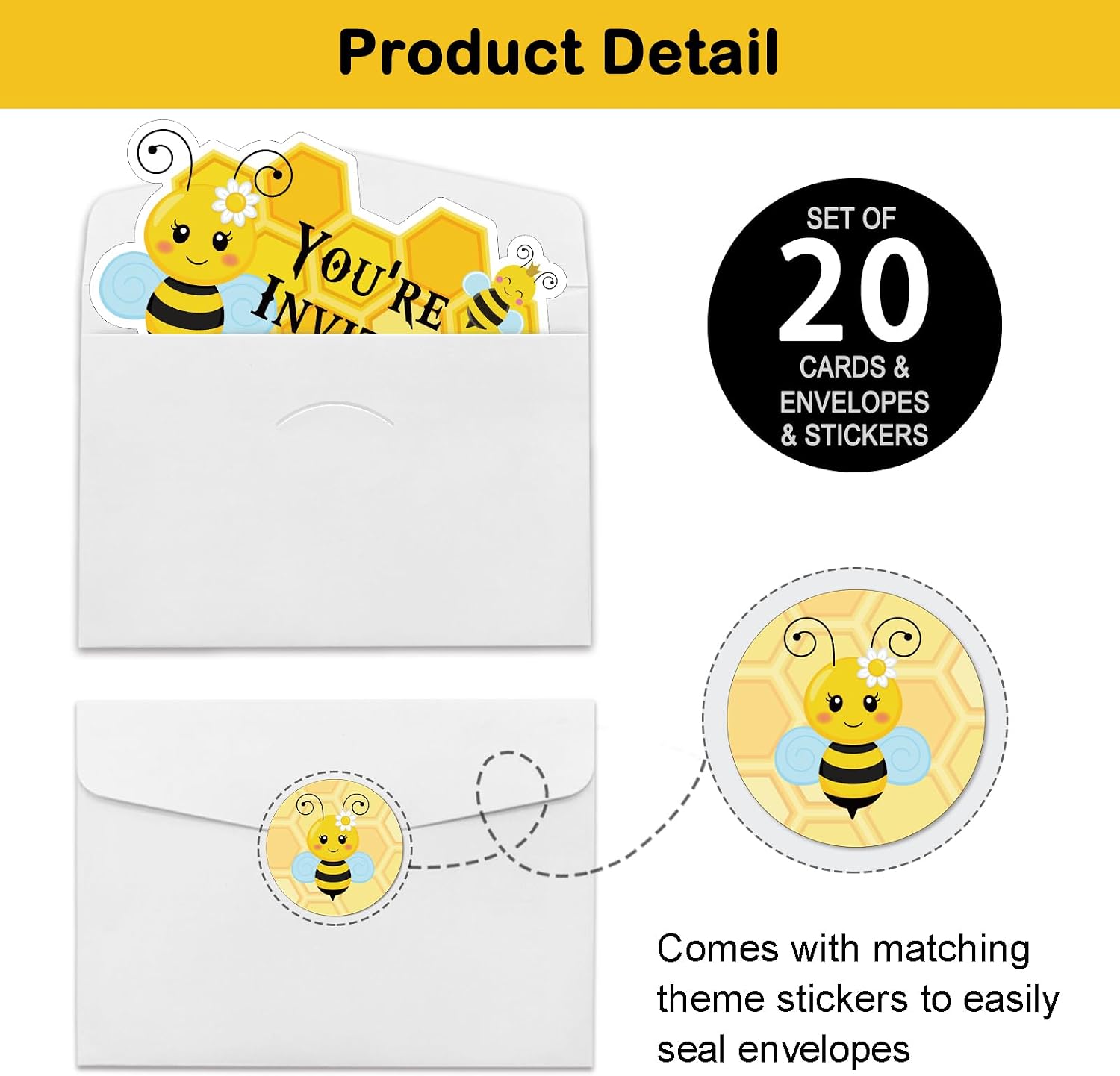 REWIDPARTY 20 Pack Bee Birthday Party Invitation Cards with Envelopes & Stickers, Honeycomb Shaped Fill-in Invitations Cute Bee Invites Cards Baby Shower or Birthday Party Supplies for Kids Adults