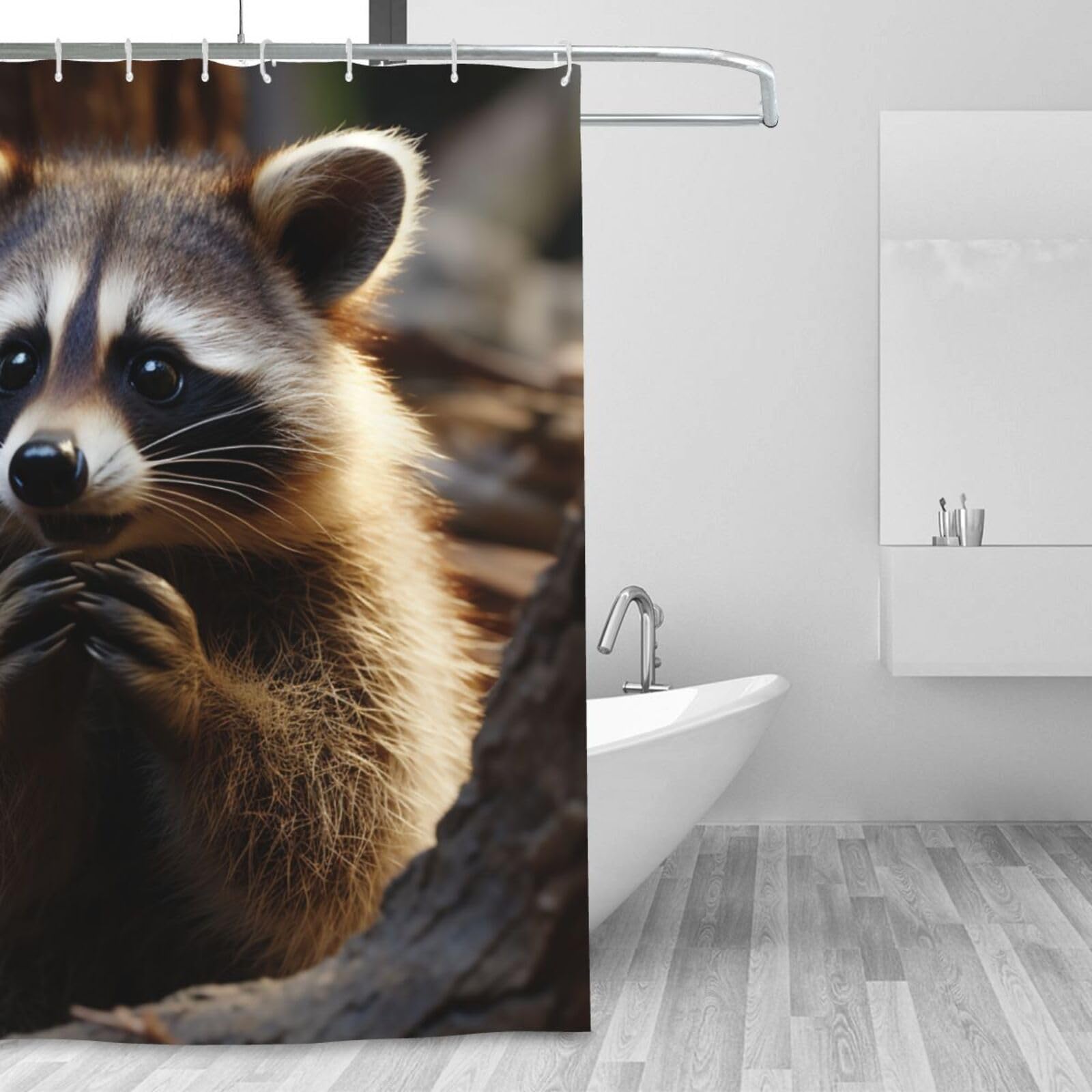 Rideau de douche moderne raton laveur mignon en tissu imperméable et lavable