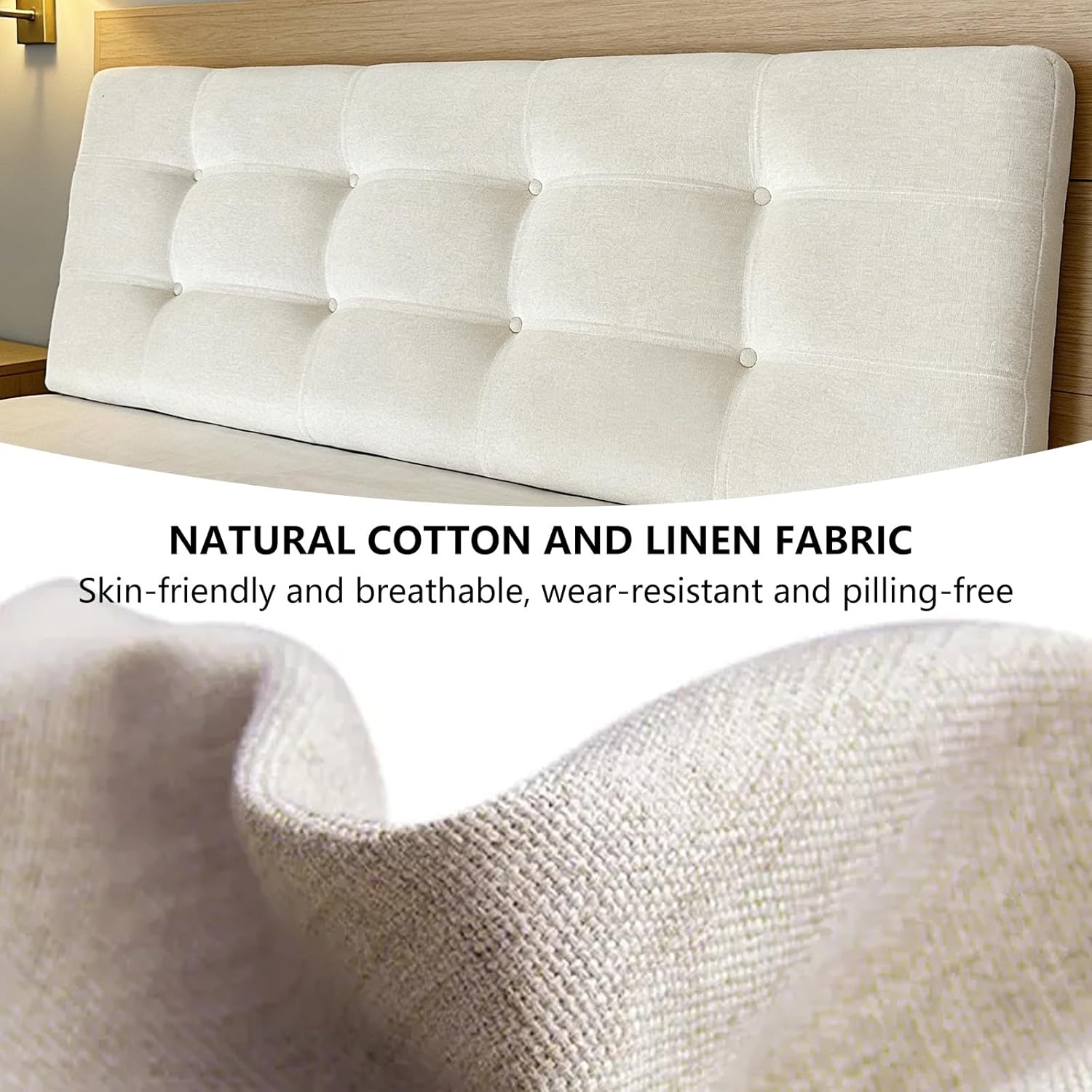 Upholstered Headboard Queen Size, Linen Fabric Modern Button Diamond Design, Solid Wood Sturdy Bed Headboard, Bed Frame or Wall Mount, Beige