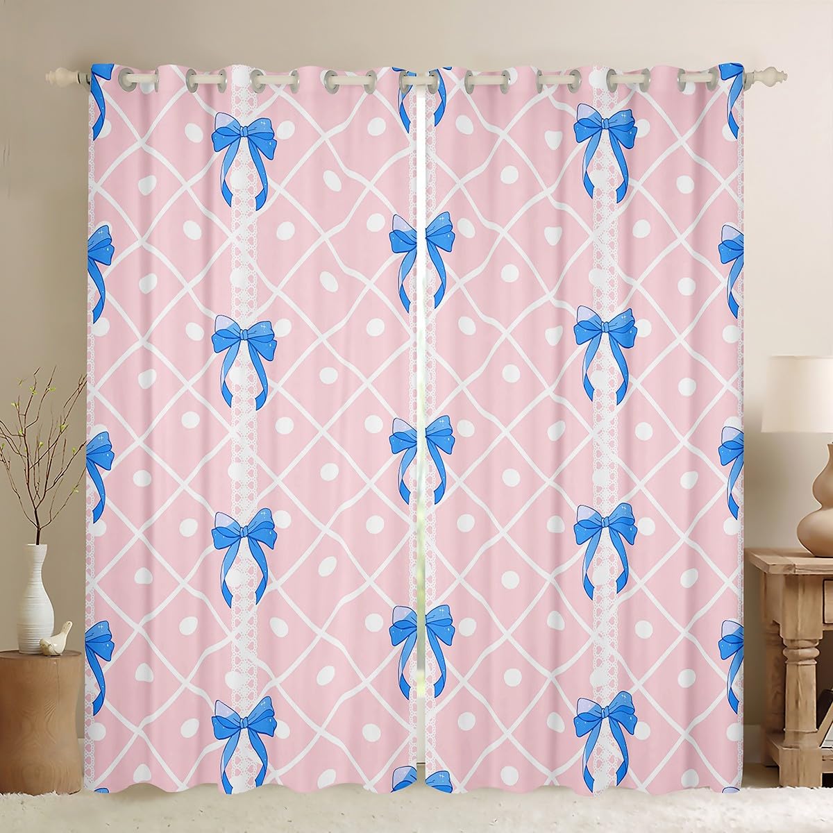 Feelyou Pink Girls Bow Curtains for Bedroom Living Room (2 Panels, 42 x 63 Inch) Cute Bowknot Darkening Dreapes Boys Teens Decor Stripes Blackout