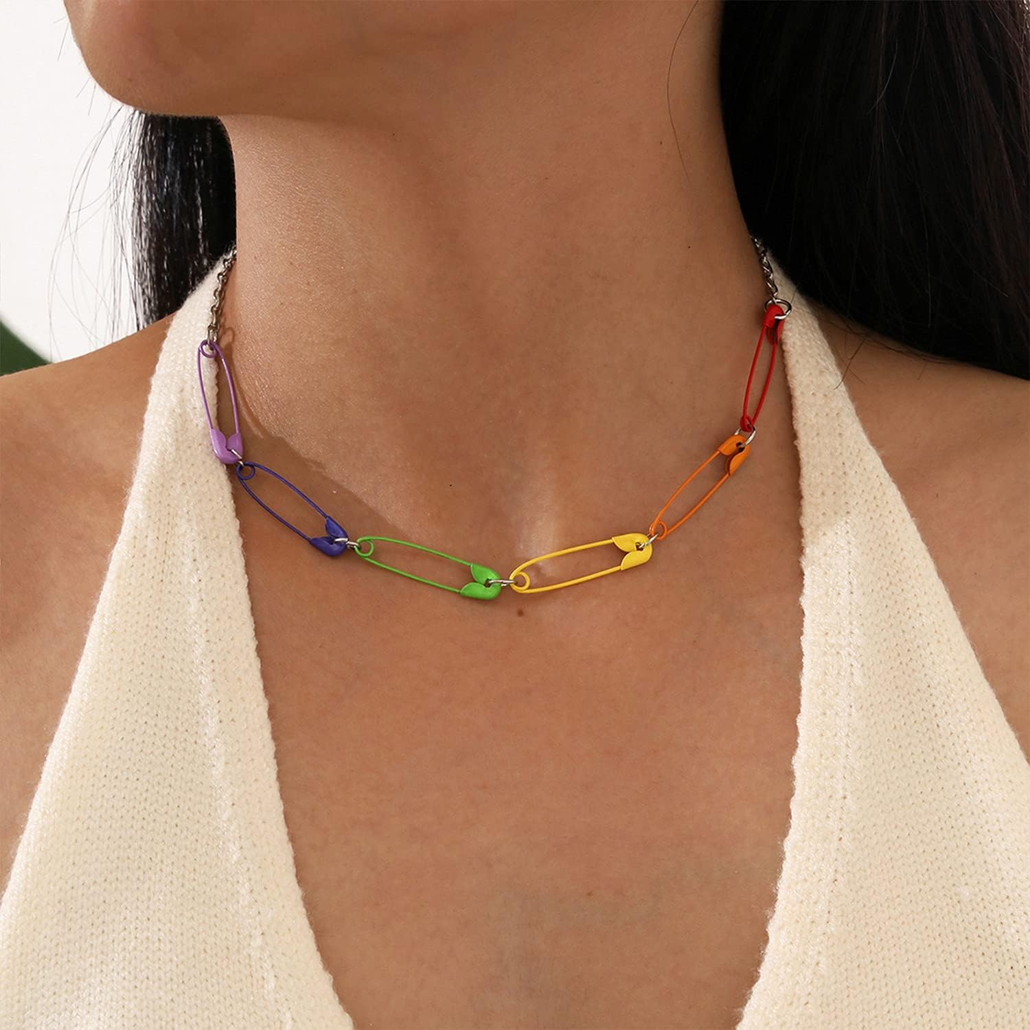 statement Colorful Rainbow Punk Safety Pin Choker Necklace Unique Minimalist Paperclip Necklace for Women Hip Hop Party Fashion