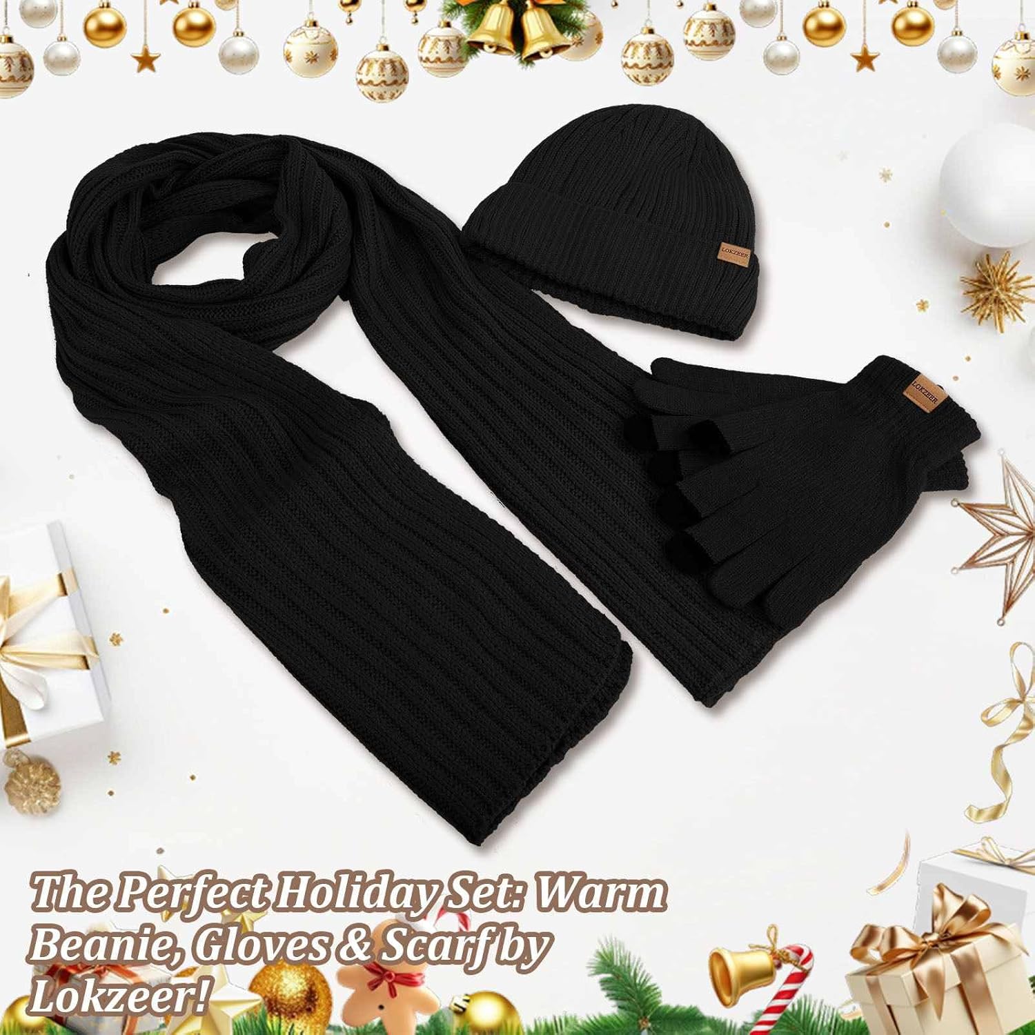 Winter Hat Scarf Gloves Set - Knit Beanie with Fleece Lining, Touchscreen Gloves, Thick Scarf Gift for Cold Weather - Image 7