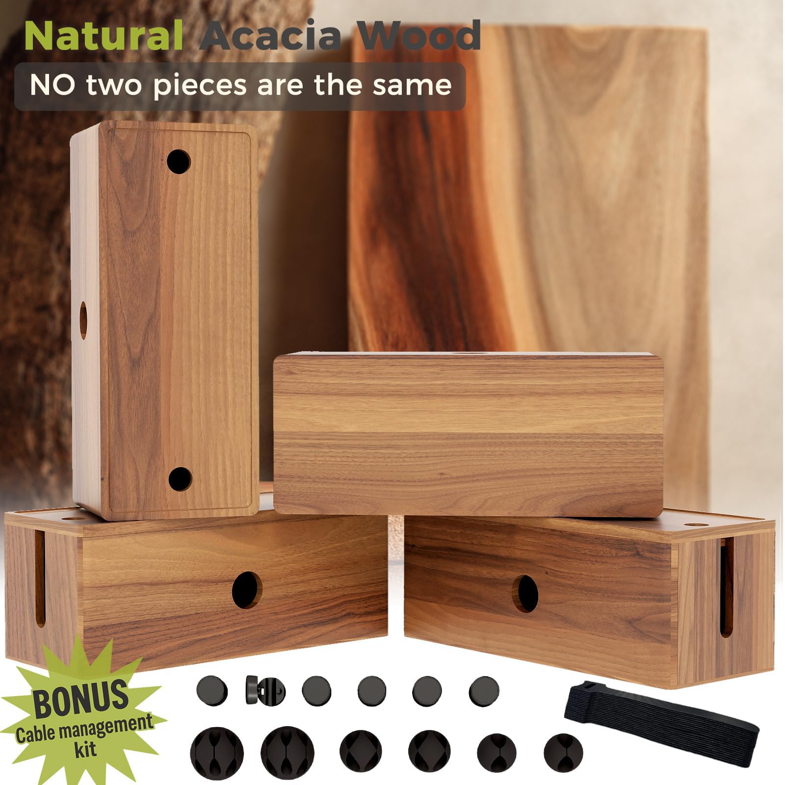 Caja organizadora de cables grande, caja organizadora de cables de madera de acacia con tapa magnética extraíble, organizador de escritorio de 4 ranuras abiertas, oculta cables de TV, cables