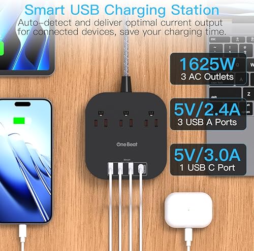 Miniatura 2 de Regleta de alimentación con USB C, 3 tomas, 4 puertos USB (22.5 W4.5 A), estación de carga de escritorio, enchufe plano, cable de extensión trenzado