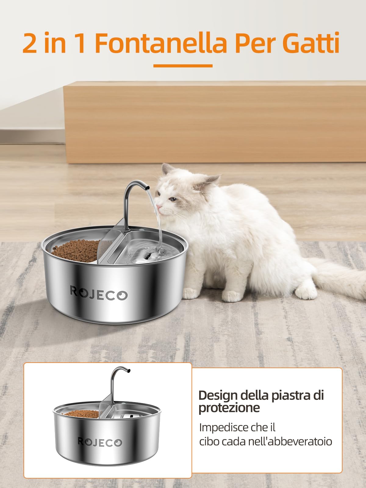 ROJECO 2 In 1 Fontanella Per Gatti In Acciaio Inossidabile Con Ciotola Per Cibo - 3,2L, Ultra Silenziosa 20 DB, 3 Filtri Inclusi, Perfetta Per Più Gatti