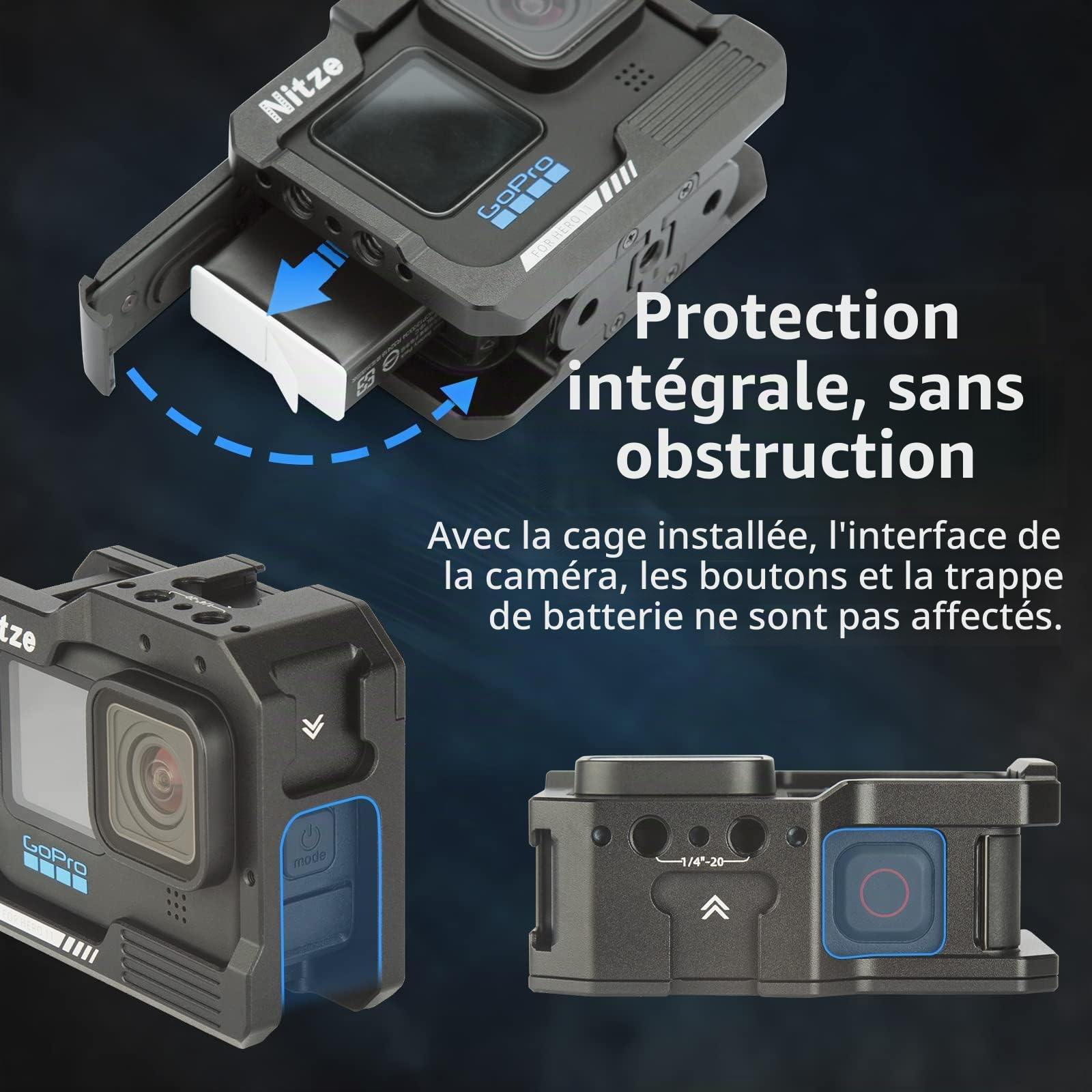 Nitze Camera Cage en Alliage d'Aluminium pour GoPro Hero 13/12/11/10/9 avec 2 Cold Shoe, Plusieurs Trous Filetés pour Lumière LED - T-GP01A