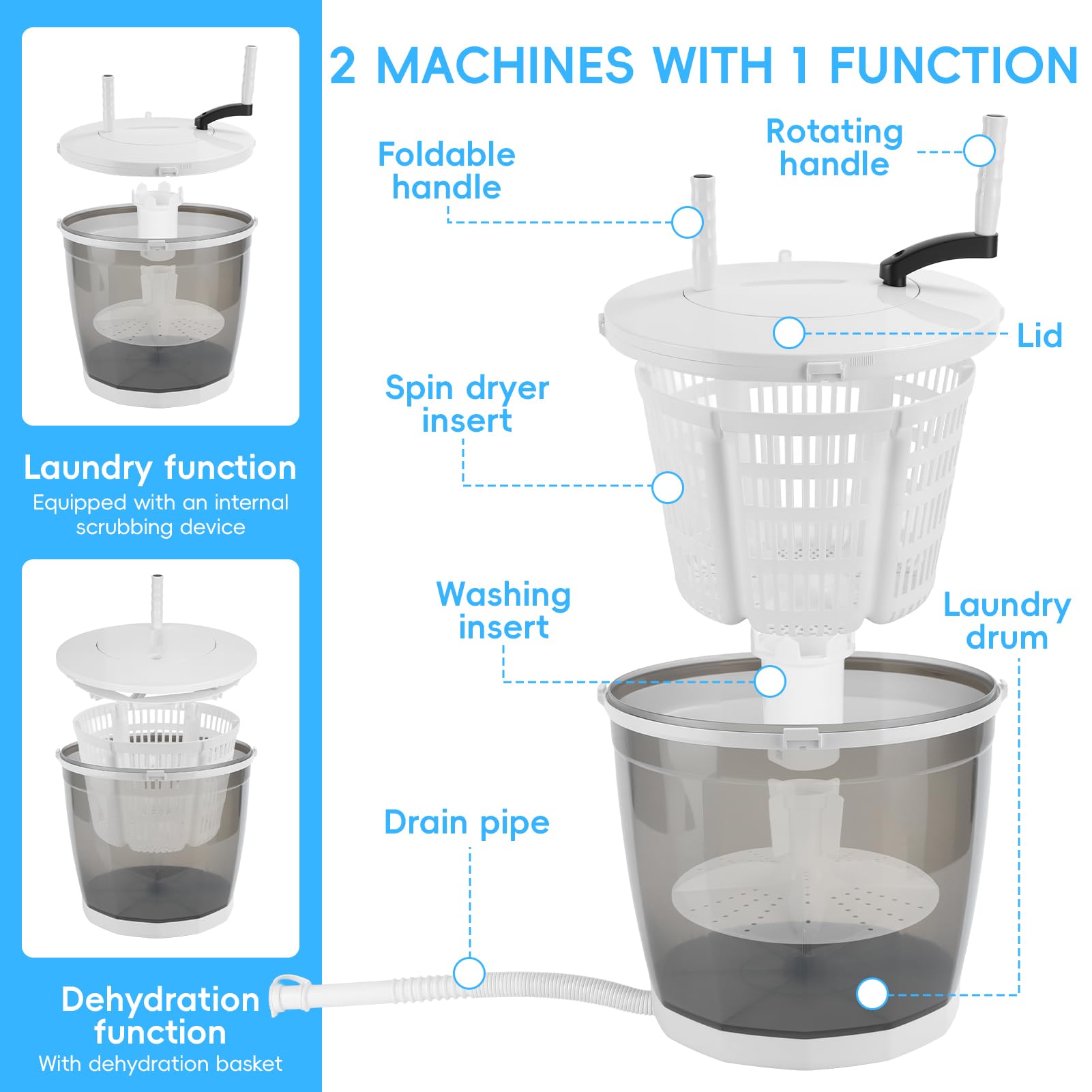 2-in-1 Manual Washing Machine, Hand Crank Washer with Spin Dryer & Suction Cup Base, Portable Mini Washer for Camping Dorm Travel, No Electricity Laundry Machine 2kg Capacity (Light Grey) — view 6
