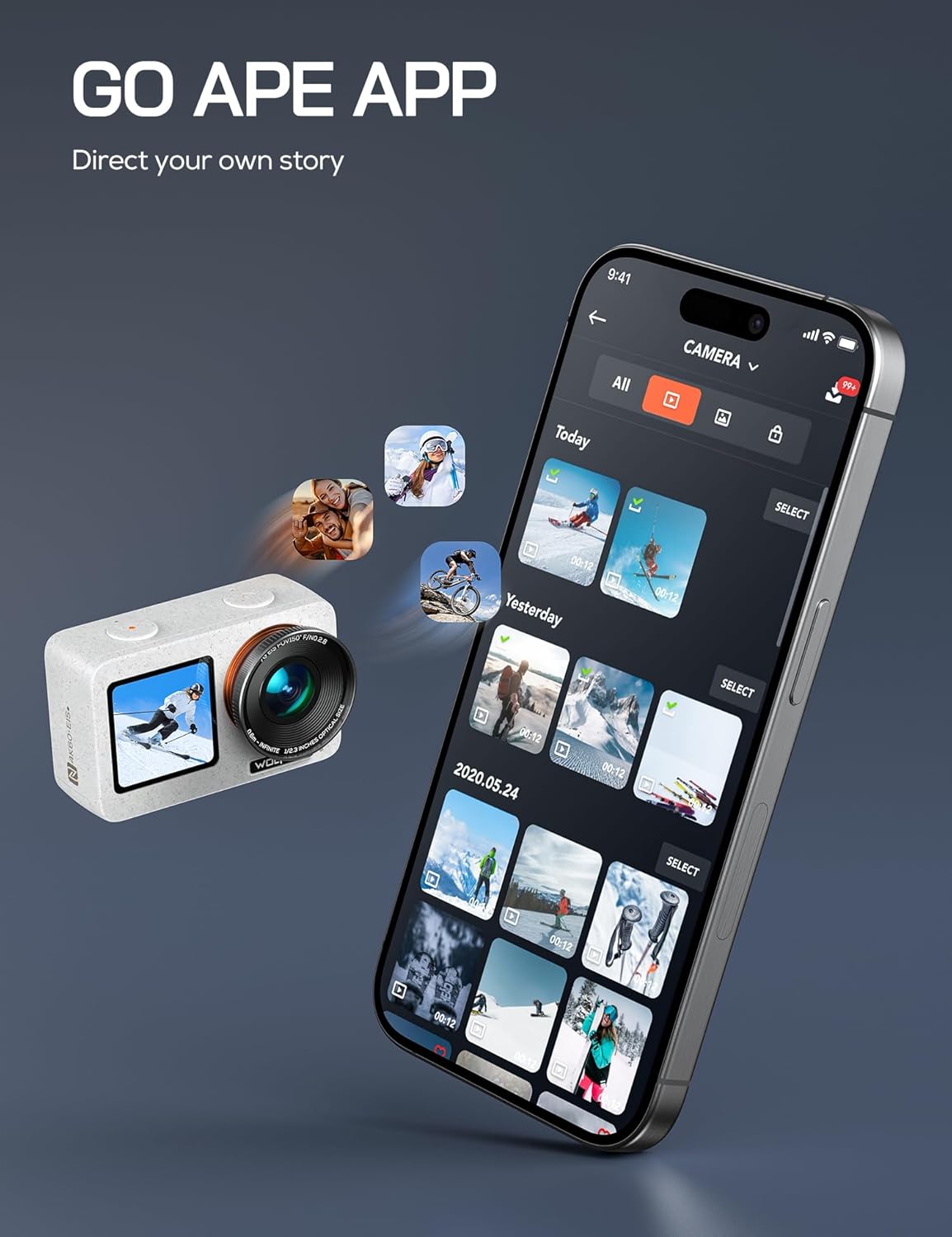 WOLFANG Seeker One Action Camera connected to the Go APE App on a smartphone