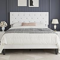 Vista 26 de VECELO Marco de cama tamaño completo con cabecera capitonada de diamante, plataforma de cama tapizada con soporte de listones de madera, no necesita