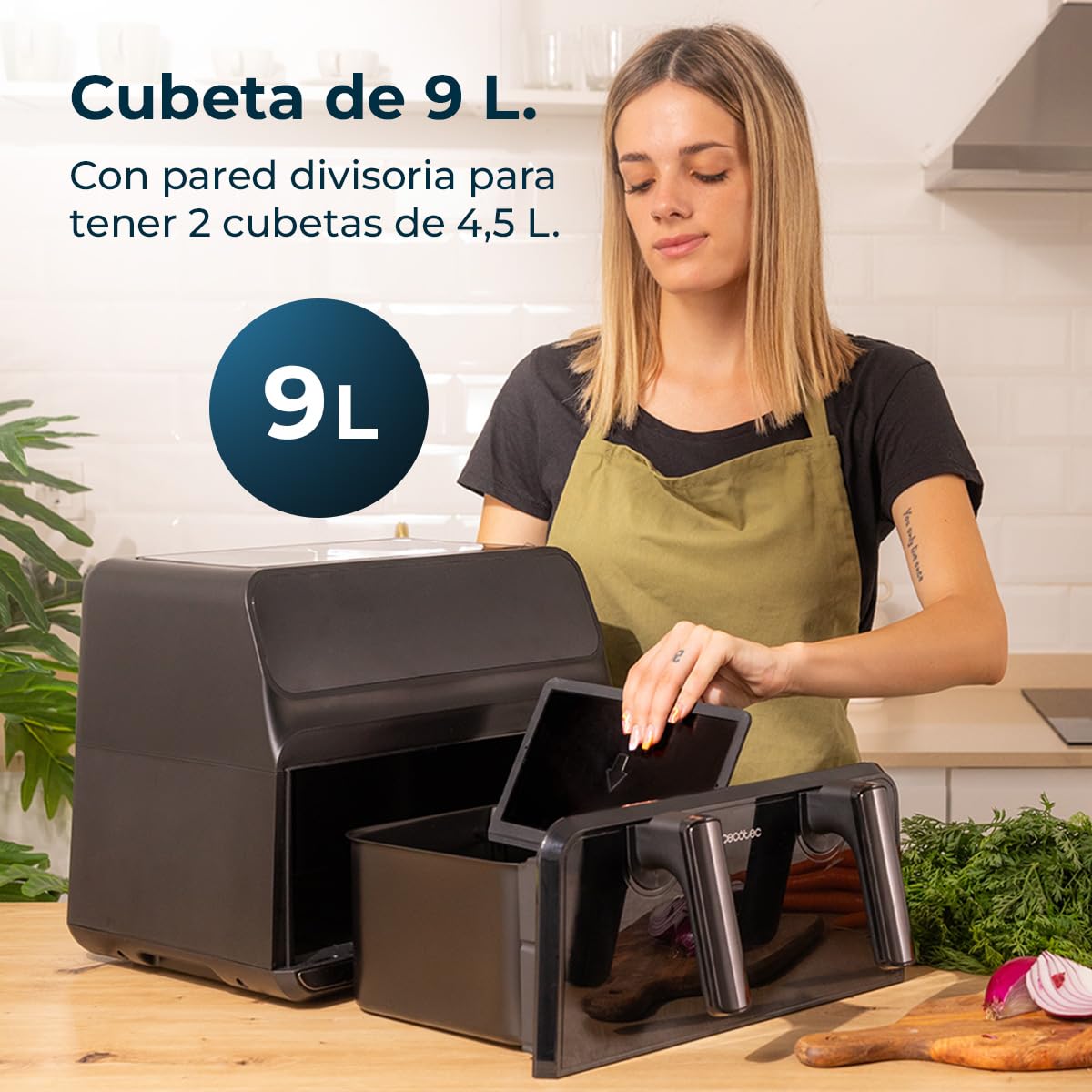 Cecotec Freidora de Aire 9 L Cecofry Advance 9000 Window Total 2200W | Temperatura Dual, Pared Divisoria Móvil, Ventana de Visualización, Tecnología PerfectCook, Control Digital, Función Dietética