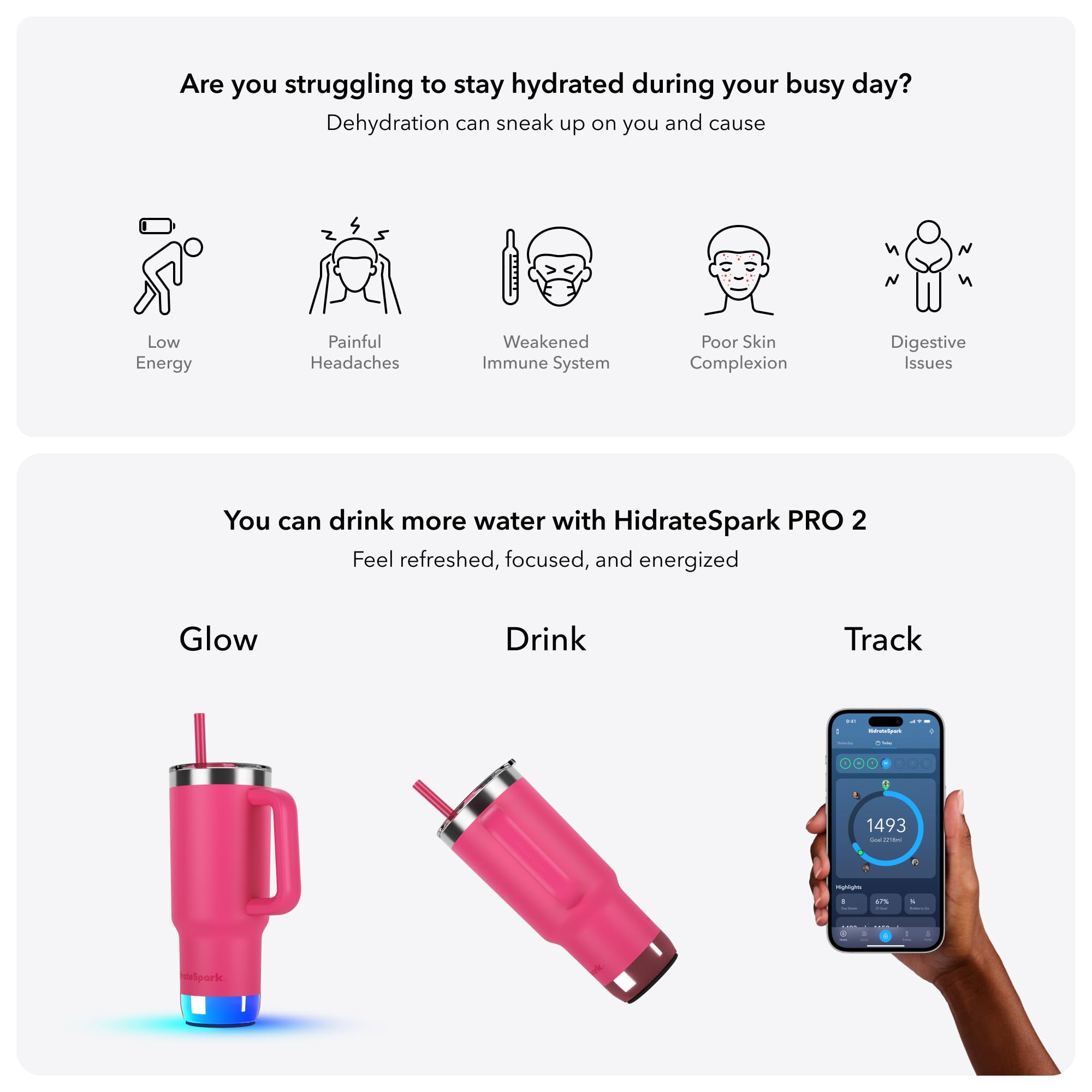 Hidrate Spark PRO 2, Smart Tumbler with Drink Reminders & Water Tracking, Great Gift Idea for New Year Resolutions, 887ml - Image 2