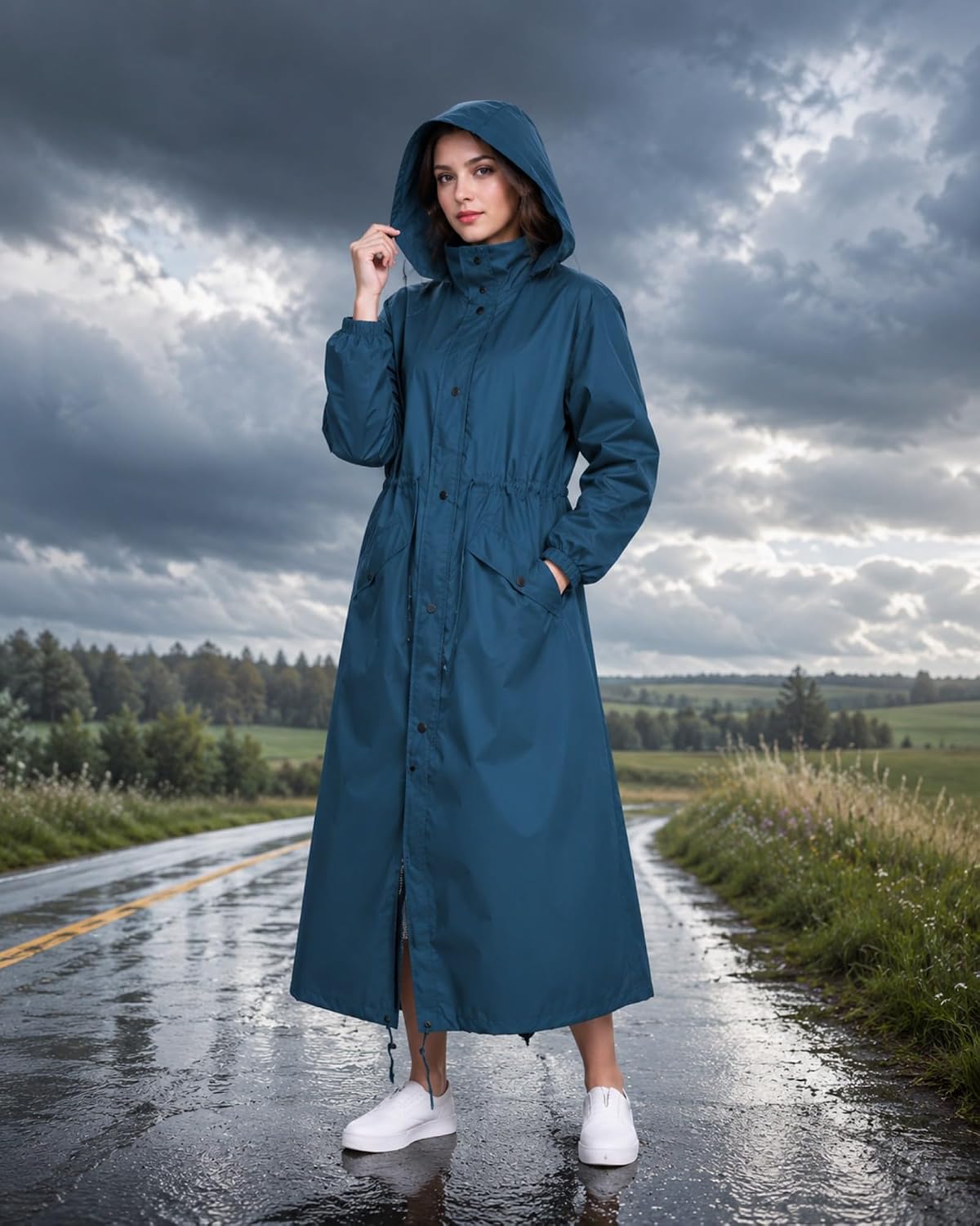  Womens Long Raincoats Rain Jacket Waterproof Packable Hooded Windbreaker Lightweight Adjustable Waist for Outdoor thumbnail