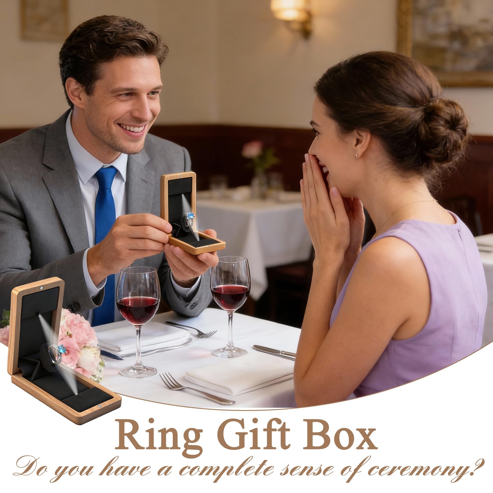 Scatola per anelli di fidanzamento in legno per proposta di San Valentino, scatola regalo rotante in legno per fedi nuziali, scatola regalo con luce a LED, confezione regalo (rovere bianco)