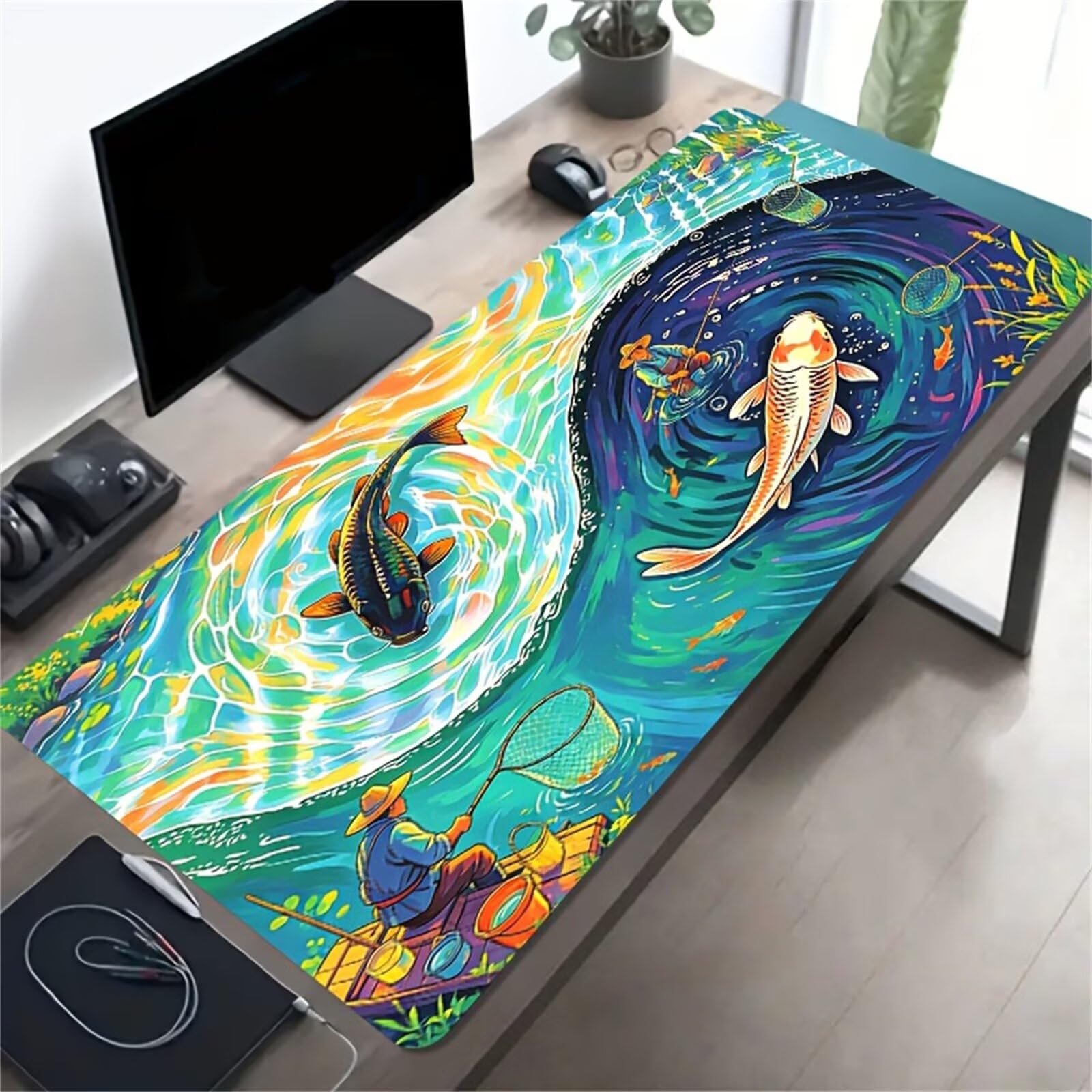 Alfombrilla de Ratón Gaming XXL 1000x500x2mm, Peces Colores Forman Remolino Río | Alfombrilla Escritorio Grande Antideslizante, Superficie de Alta Precisión y Velocidad para Teclado, PC y Laptop