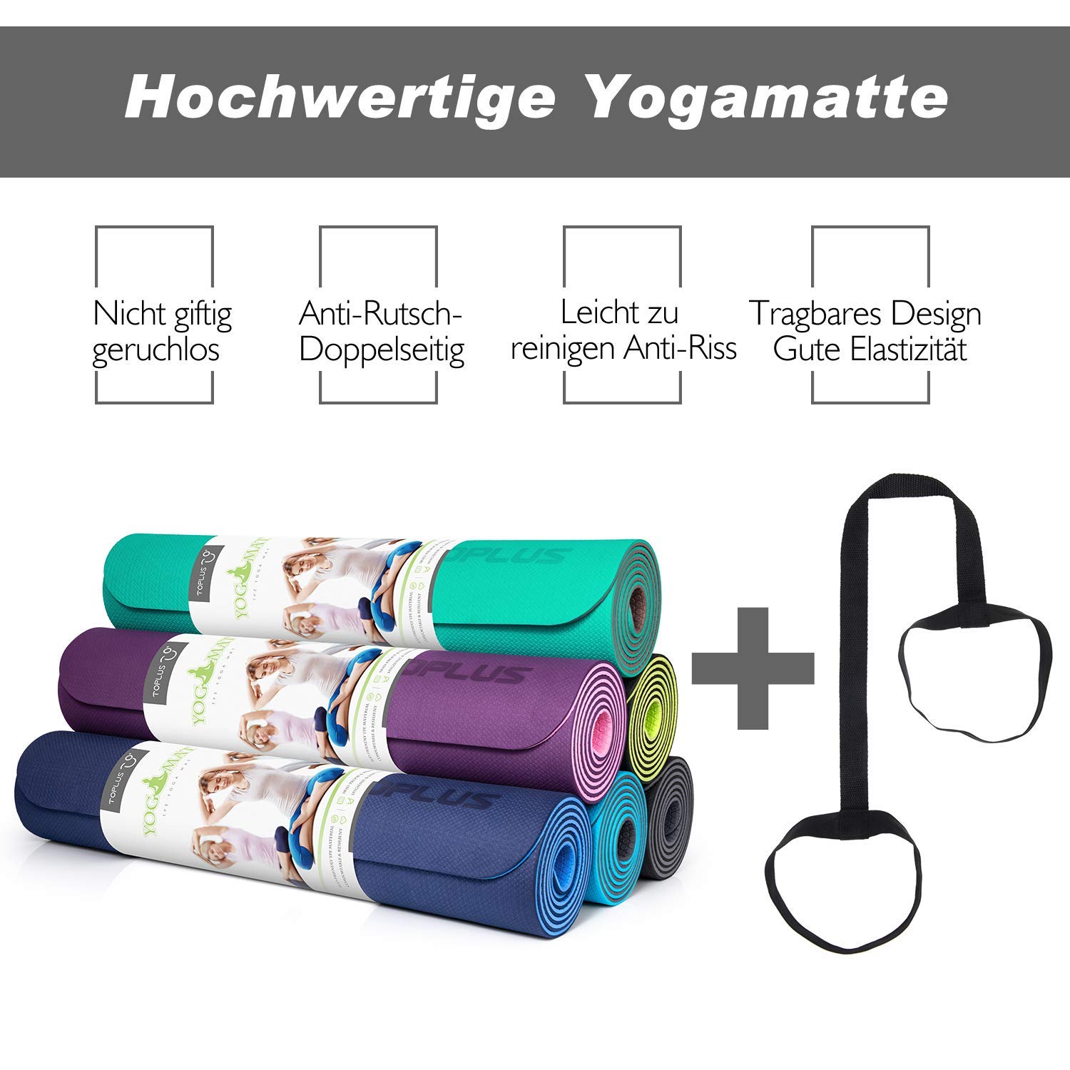 TOPLUS - Tappetino da ginnastica o da yoga, imbottito e antiscivolo, adatto per fitness, pilates e ginnastica, con tracolla, 183 x 61 x 0,6 cm, Nero