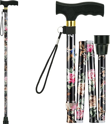 Waydaw Bastón plegable, ajustable y portátil de aluminio con bonito patrón floral para mujeres y hombres