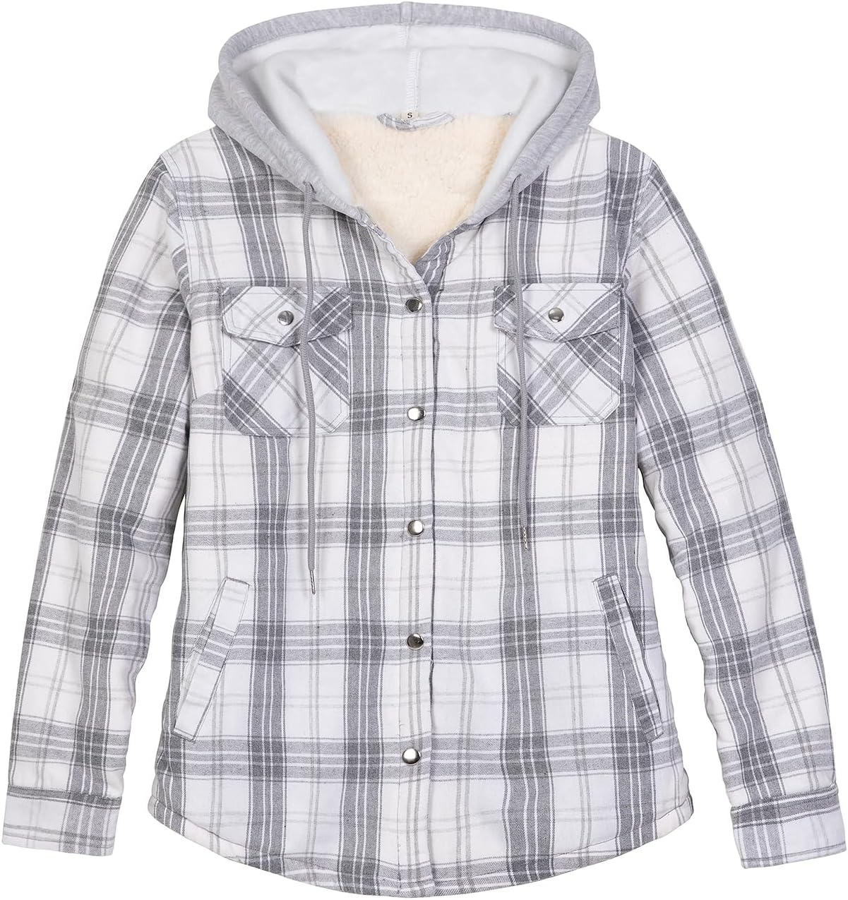 ZENTHACE Women's Flannel Shirt Jacket with Hood,Sherpa Lined Plaid Shacket Jackets,Snap Button Front