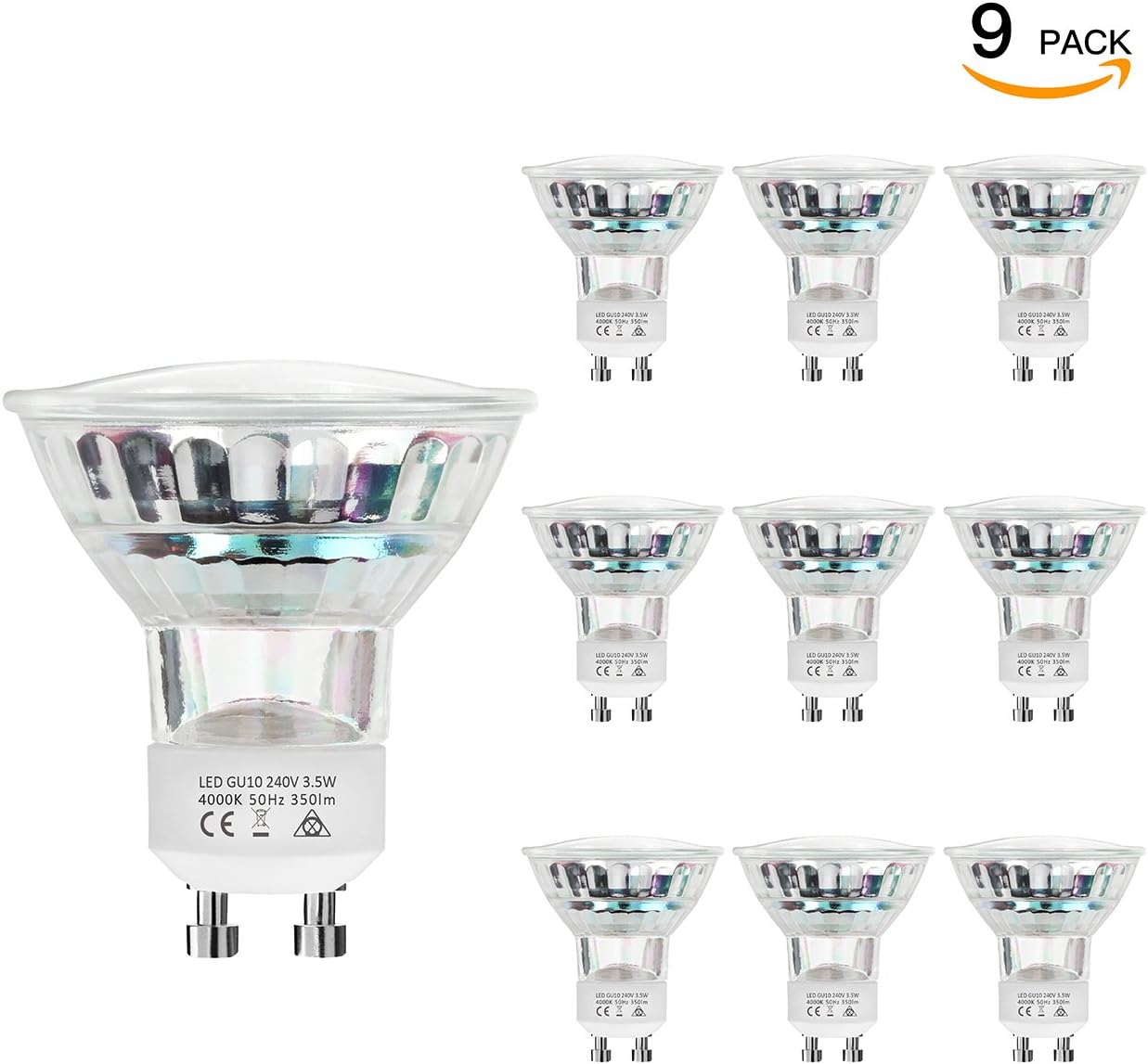 WINSEE 9 Pack GU10 LED Light Bulbs, 50W Halogen Bulbs Equivalent, 4000K Daylight White Spotlight, MR16 3.5W, 350Lm, 120 Degree Beam Angle, Non-Dimmable, Built-in Lighting [Energy Class A+]