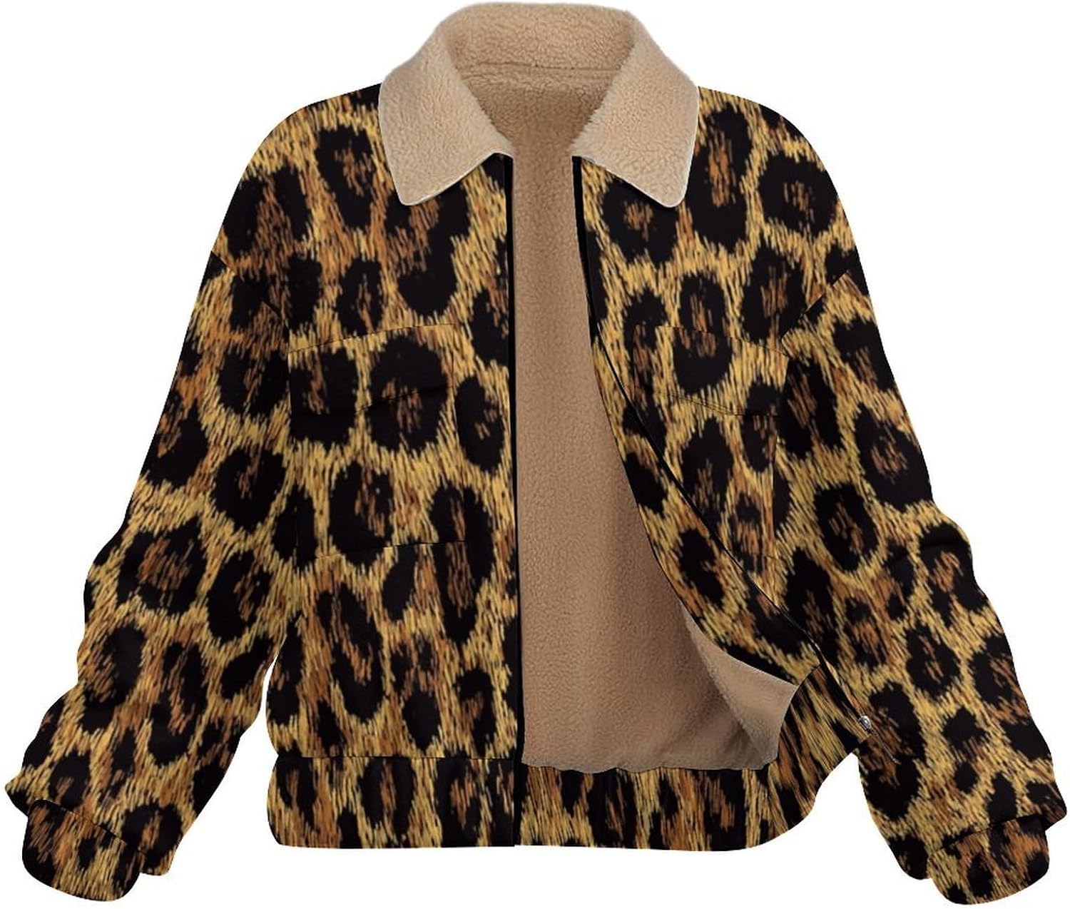 Women Winter Sherpa Lined Fleece Jacket, Long Sleeve Zip Up Retro Leopard Print Cropped Coats Warm Polar Outwear