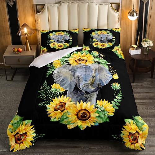 Juego de edredón de elefante, edredón de plumón de girasol amarillo, tamaño King para niños, niñas, adolescentes y adultos, decoración de dormitorio