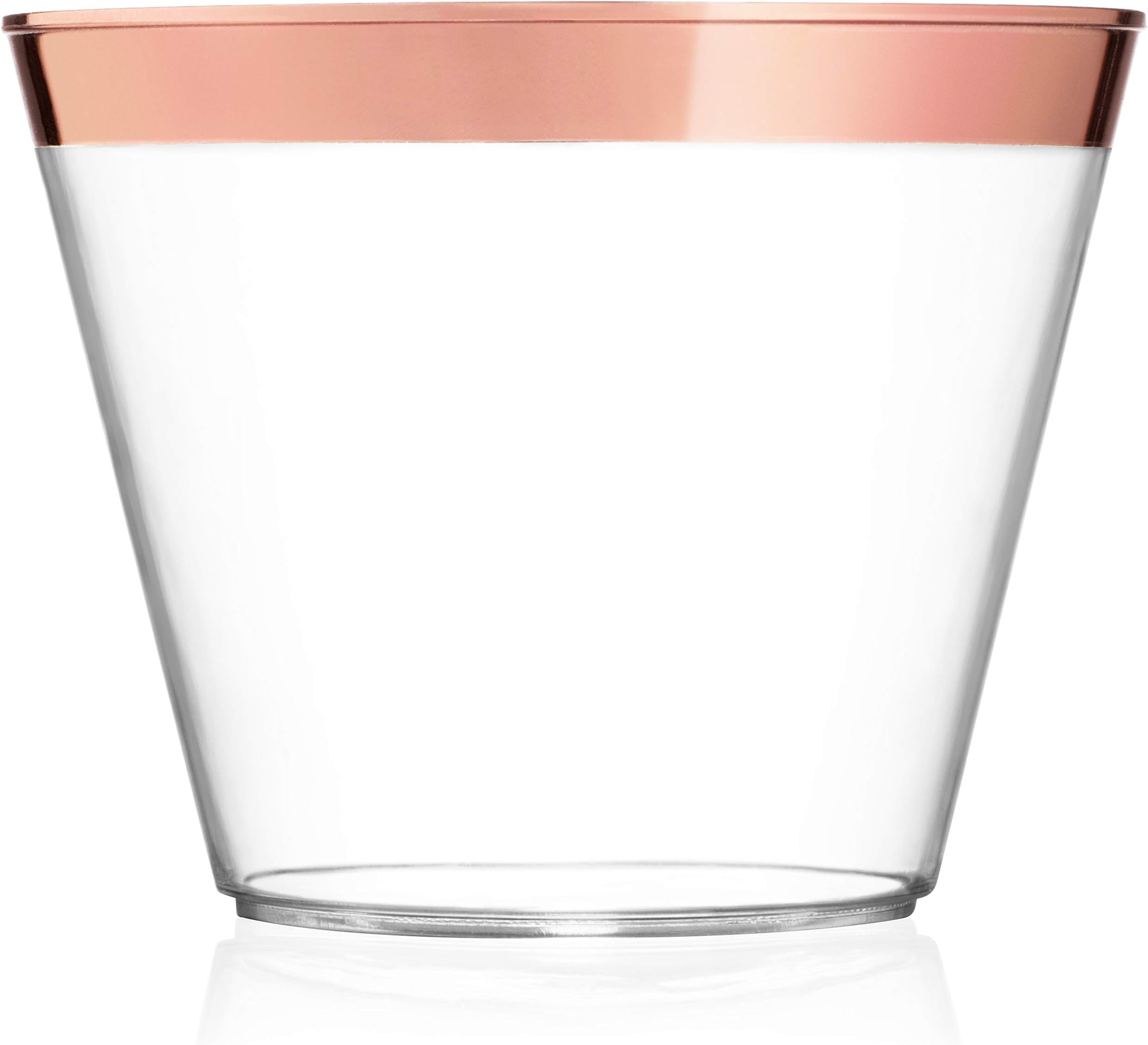 9 oz Rose Gold Plastic Cups – Pack Of 100 Clear Party Tumblers With Elegant Rose Gold Rim – Reusable & Disposable Party Supplies For Wedding, Birthday & Bachelorette Party, Baby Shower or Any Occasion