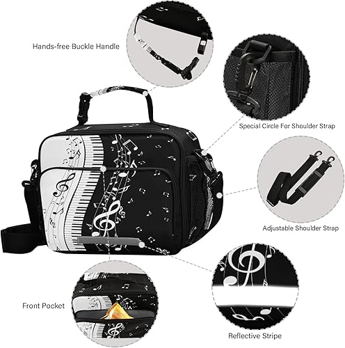 Miniatura 4 de Bolsa de almuerzo aislada con notas musicales de piano, gran capacidad para mujeres y hombres, bolsa de mano con correa ajustable para el hombro,