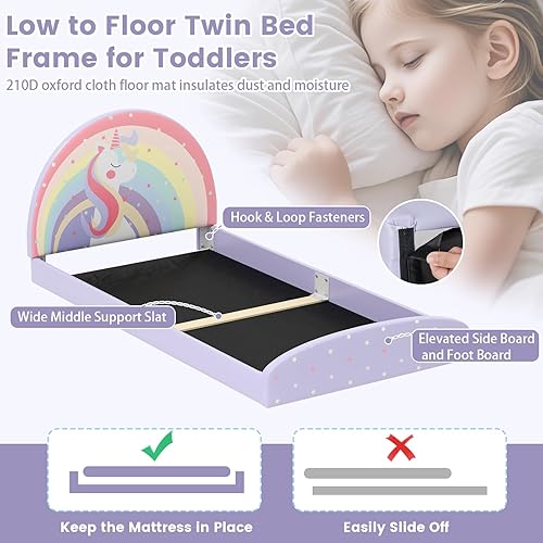 Miniatura 48 de Costzon Base de cama individual para niños, plataforma de cama individual tapizada de madera con soporte de listones, cabecera y estribo acolchados