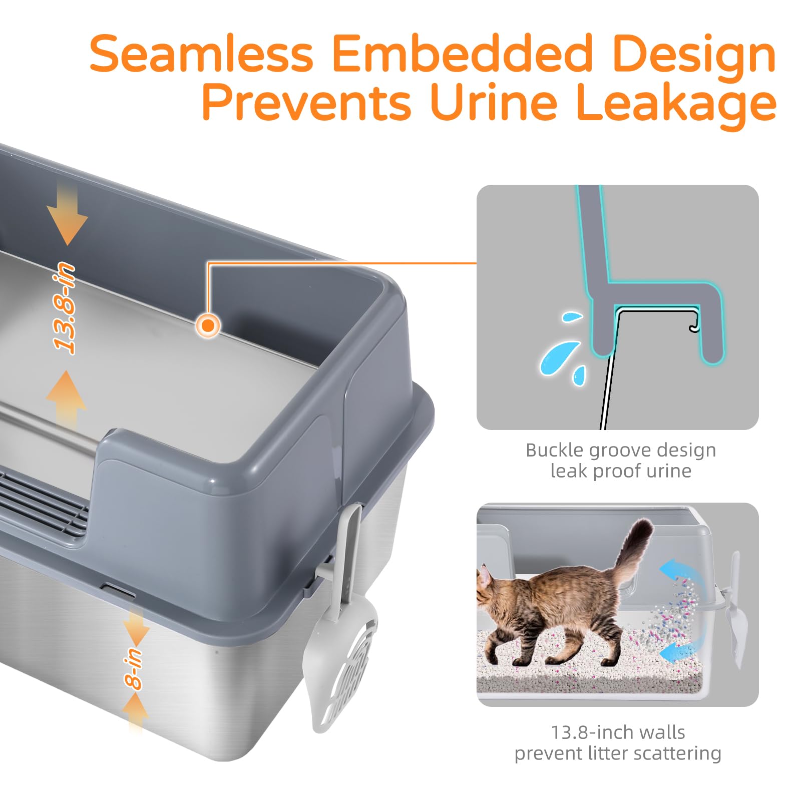 Stainless Steel Cat Litter Box with Lid, 23.7" L x 15.8" W x 13.8" H XL Metal Kitty Litter Box for Big Cats, High Sided Enclosure, Non-Sticky, Anti Urine Leakage, Easy Cleaning - image 3