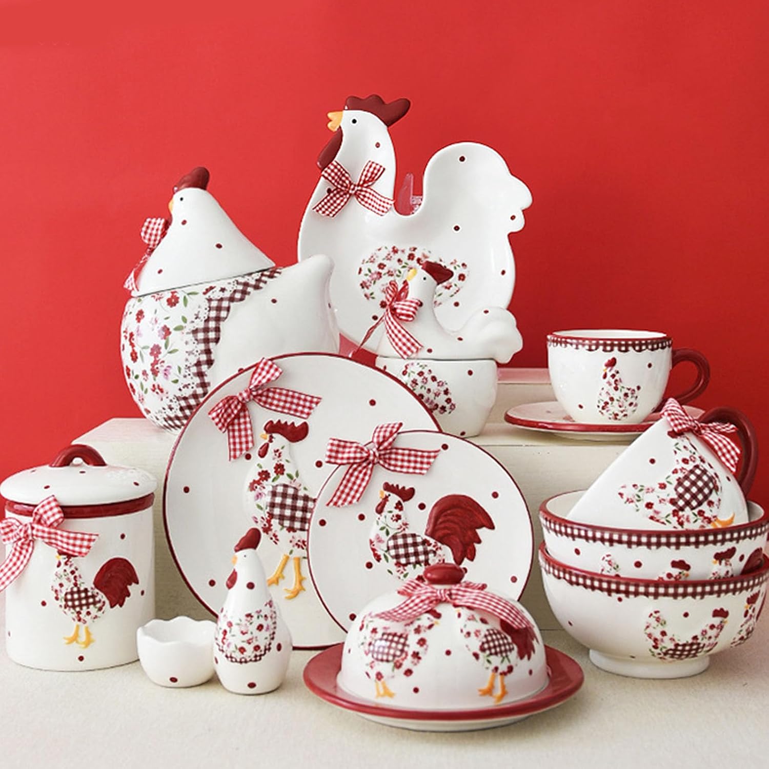 Retro Red Flower Chicken Ceramic Storage Jar Creative Organiser Plate for Kitchen Spices Tea Coffee Sugar Retro Flower Hen Tray