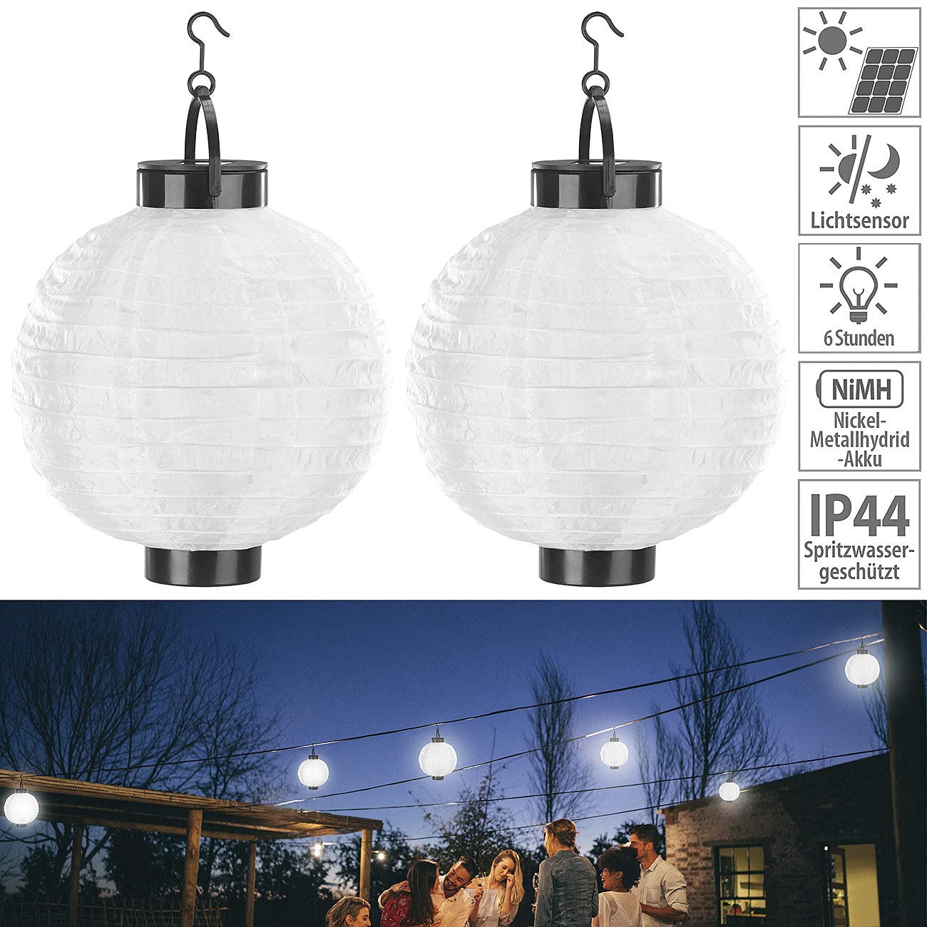 Lunartec wetterfeste Lichterkette: 12er-Set Solar-LED-Lampion, Dämmerungs-Sensor, IP44, warmweiß, 20 cm Ø (große Solar-Lampions, 30 cm, Ball)