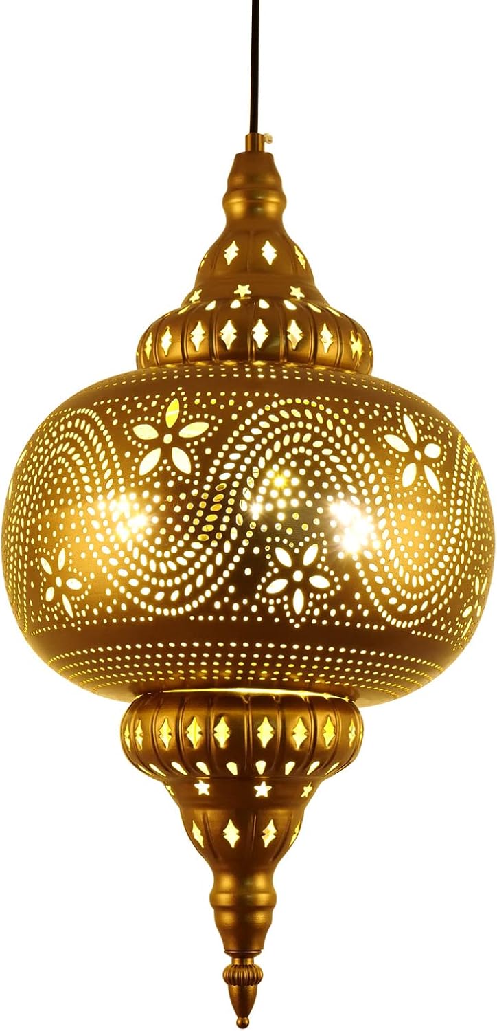 Moroccan Pendant Light - Turkish Gold Vintage Chandelier - Iron Porous Arabic Wall Light - Plug-in Ceiling Hanging Light for Kitchen Island, Restaurant, Hallway, Foyer
