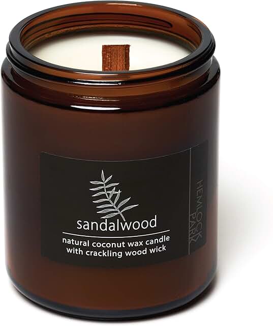 Crackling Wood Wick Candle Handcrafted with Natural Coconut Wax and Essential Oils (Sandalwood, Standard 8 oz)