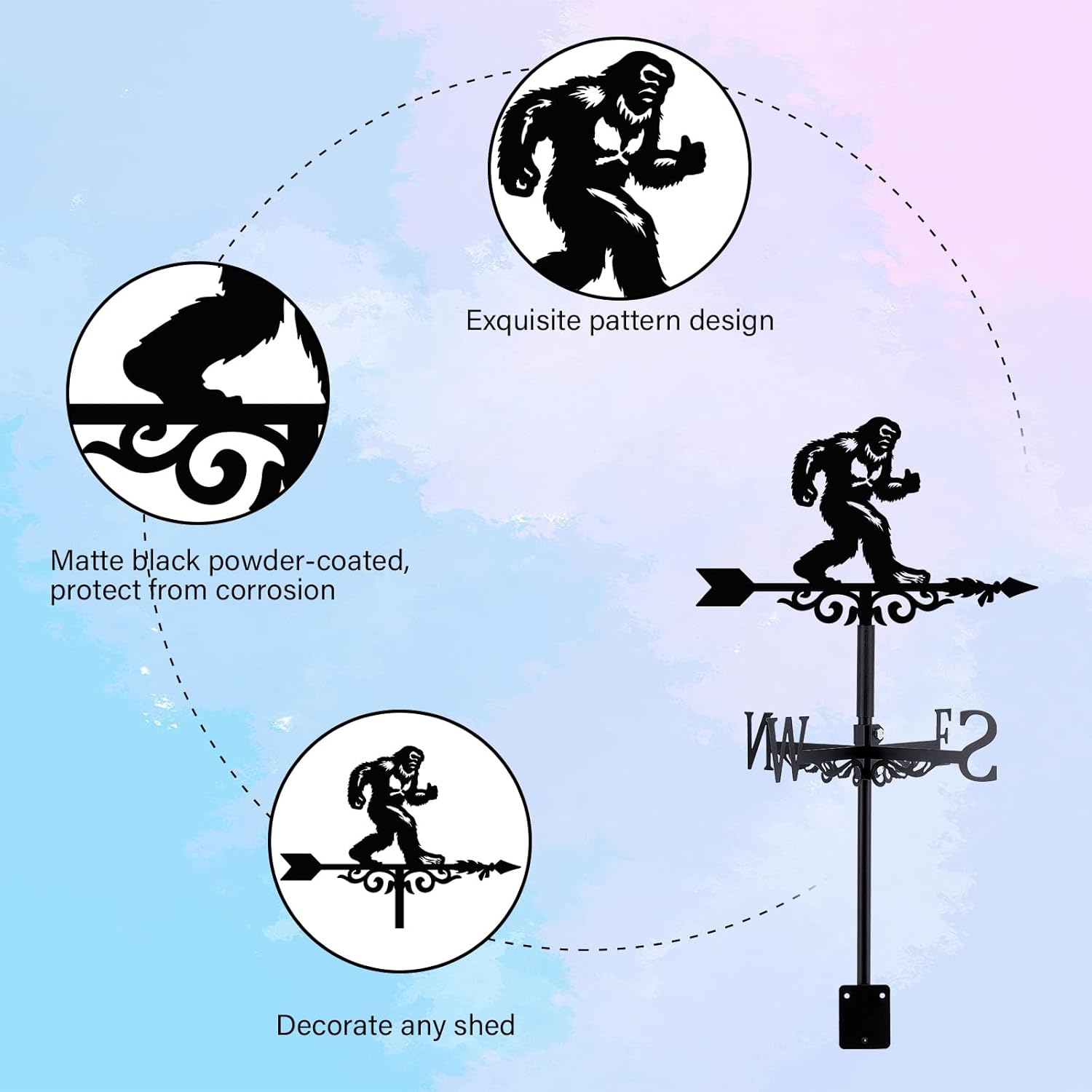 Bigfoot Weathervane Arrow Metal Wind Vane Big Foot Sasquatch Weathercock Garden Decoration Wind Direction Indicator Stake Roof Mount Ornament for Farmhouse Yard Outdoor