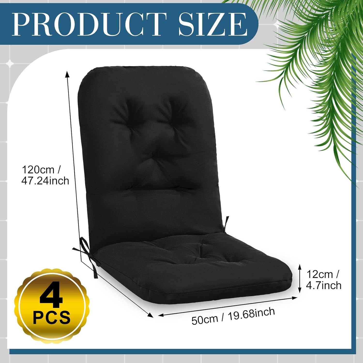 4 Set Outdoor High Back Chair Cushions 47 x 20 Inch Rocking Chair Cushions Waterproof Fade Resistant Comfort Replacement Seat Pads with Ties for Patio Lawn Yard Porch Home Office(Black)