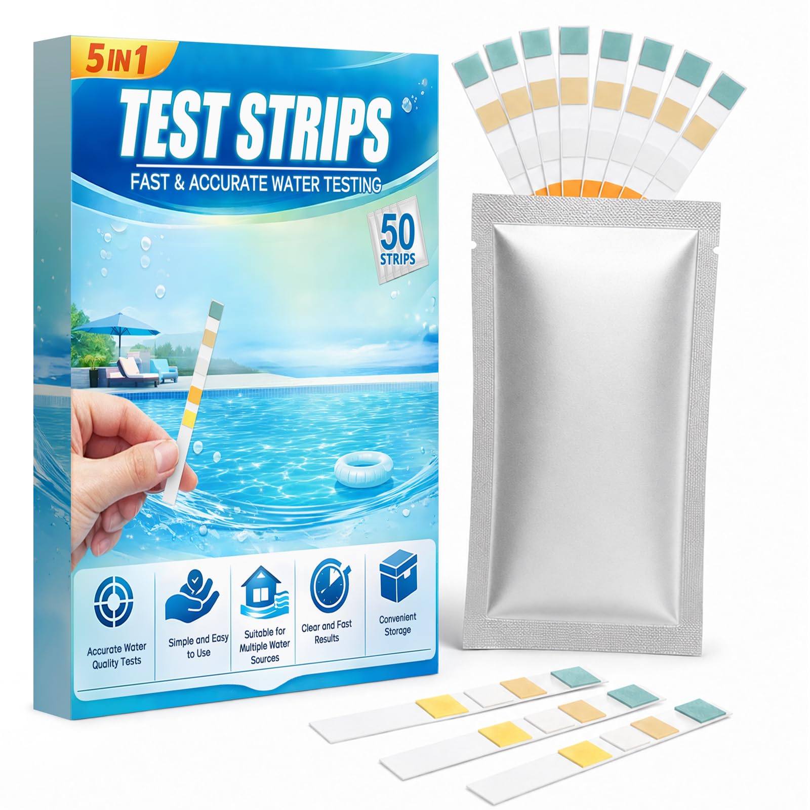 5 in 1 Hot Tub Test Strips, 50 Strips Easy Accurate Water Tester, Test for pH, Alkalinity, Free Chlorine(Bromine), Total Chlorine &Hardness for Water Pool & Hot Tub & Spa & Swimming Pools