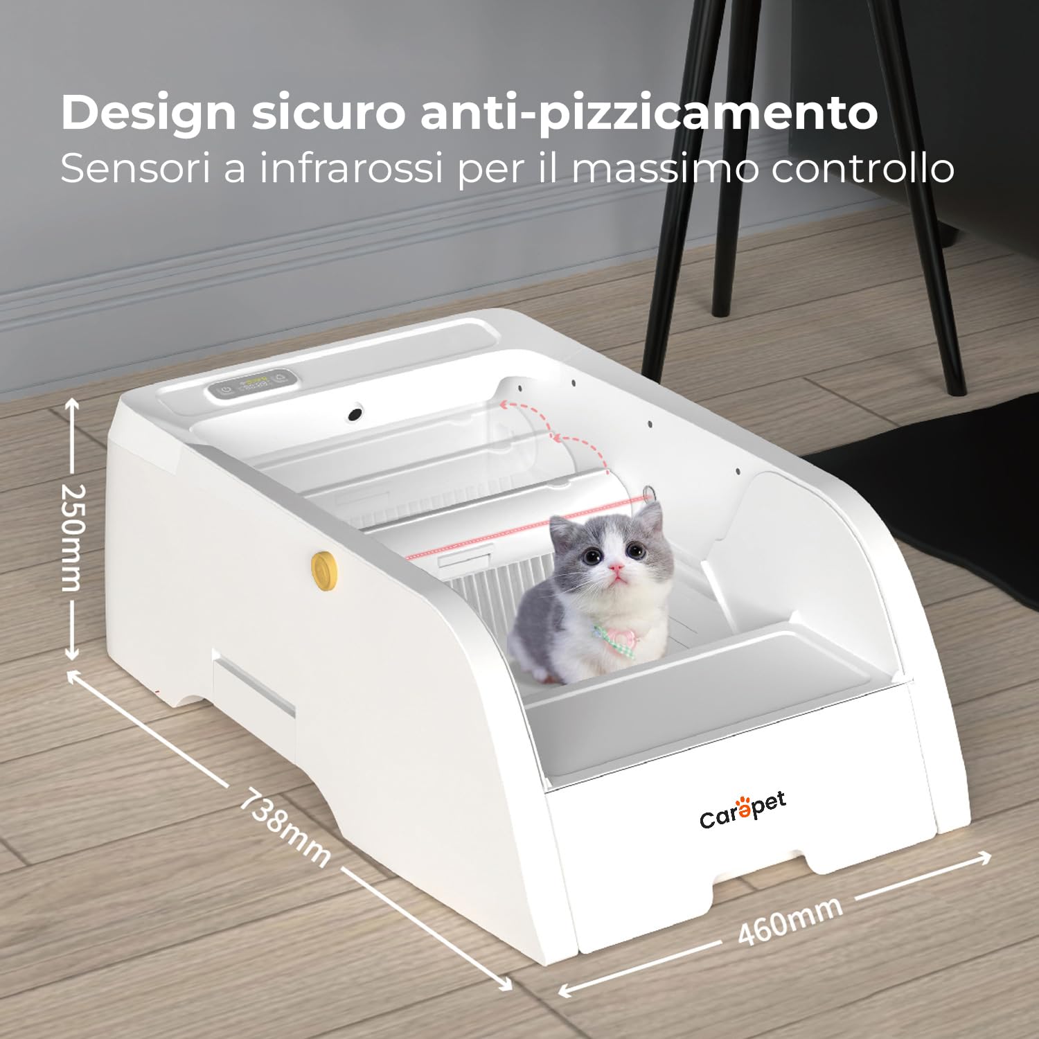 Carepet Arenero autolimpiante C102WC con cámara, control por aplicación, reconocimiento multigato, limpieza automática, sensores infrarrojos, desinfección UV, diseño compacto