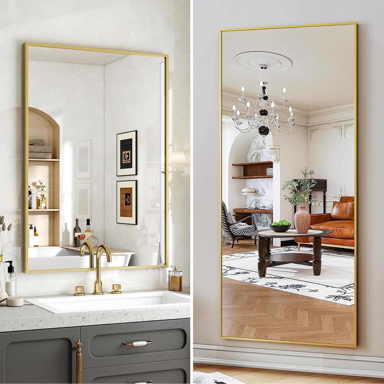 BEAUTYPEAK Mirror Bundle - 71"x26" Full Length Floor Mirror & 20"x28" Rectangular Wall Mirror - Gold Aluminum Alloy Frames, Standing/Hanging/Learning Options for Bedroom, Bathroom, Living Room