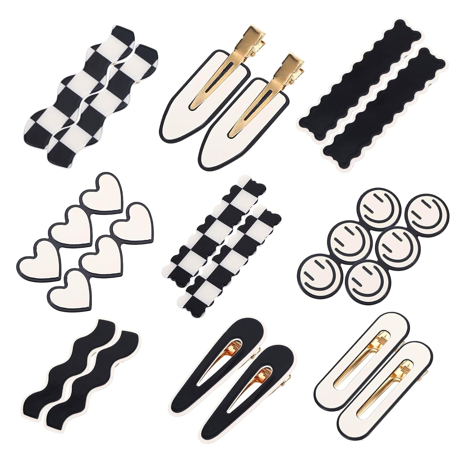 18Pcs Acrylic Checkered Hair Clip,Black and White Checkered No Bend Hair Clips for Women,Wave Geometric Duckbill Pins,Korean Styling Minimalist Hair Barrettes for Women Girls