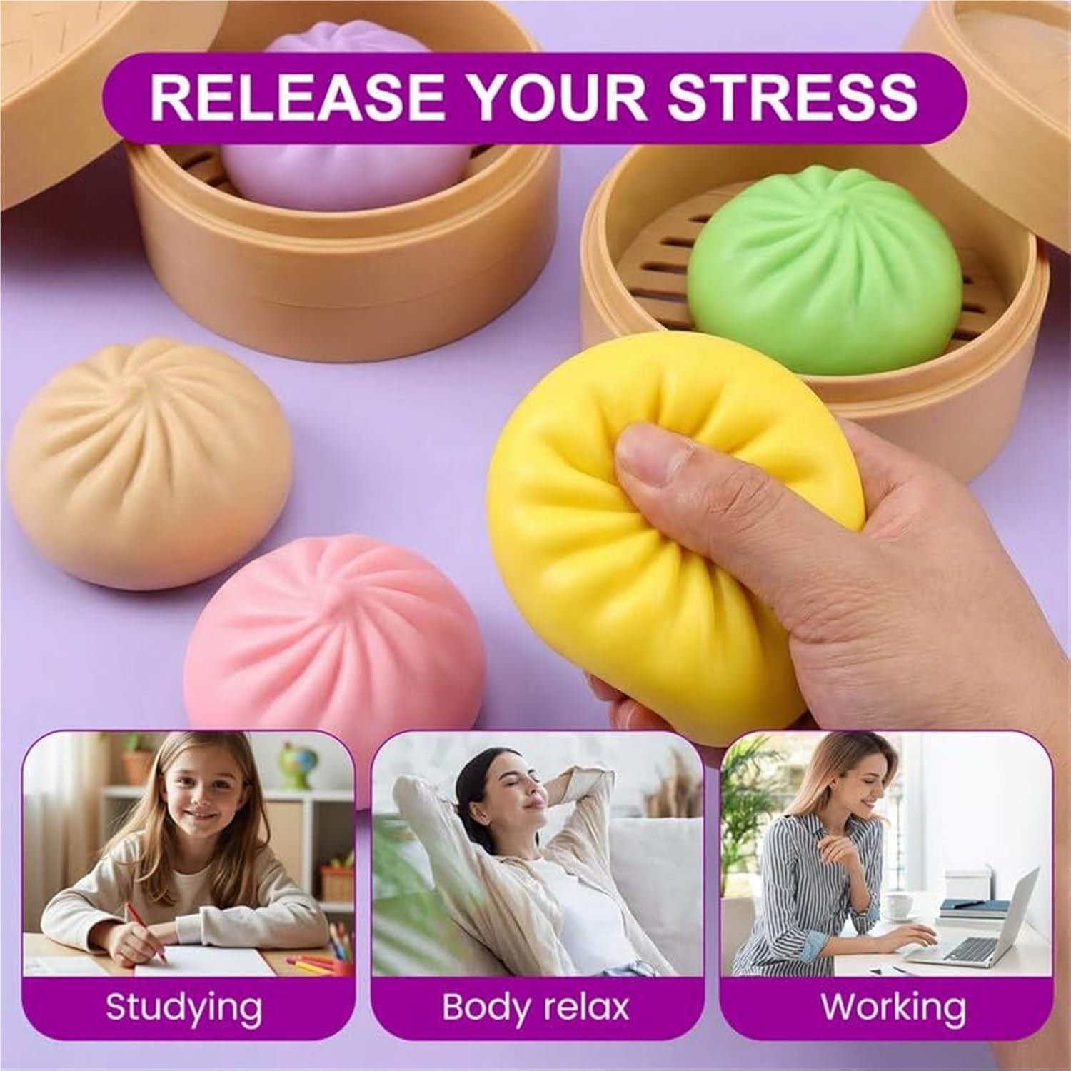 Dumpling Squishy Stress Relief Toy with Steamer Box, Soft Slow Rebound Squeeze Fidget Ball Glitter Sensory Toy for Desk Decor Relaxation Present