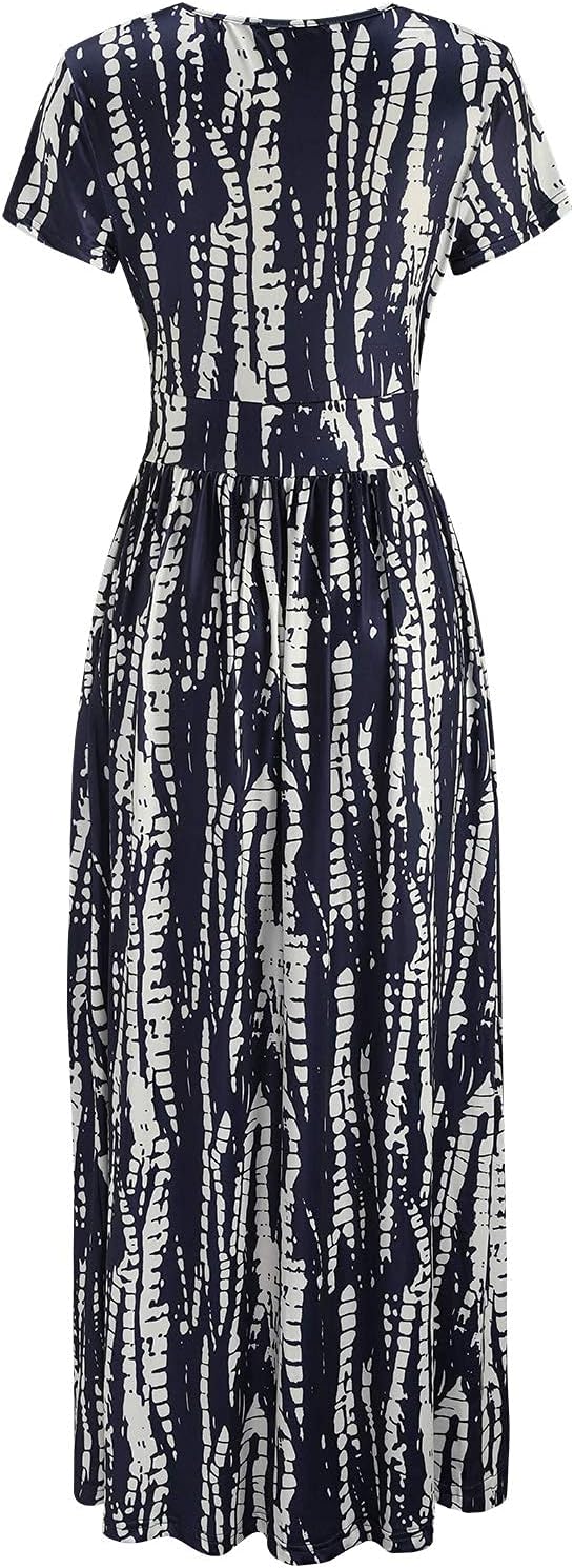 OUGES Womens' V-Neck Pattern Pocket Maxi Long Dress