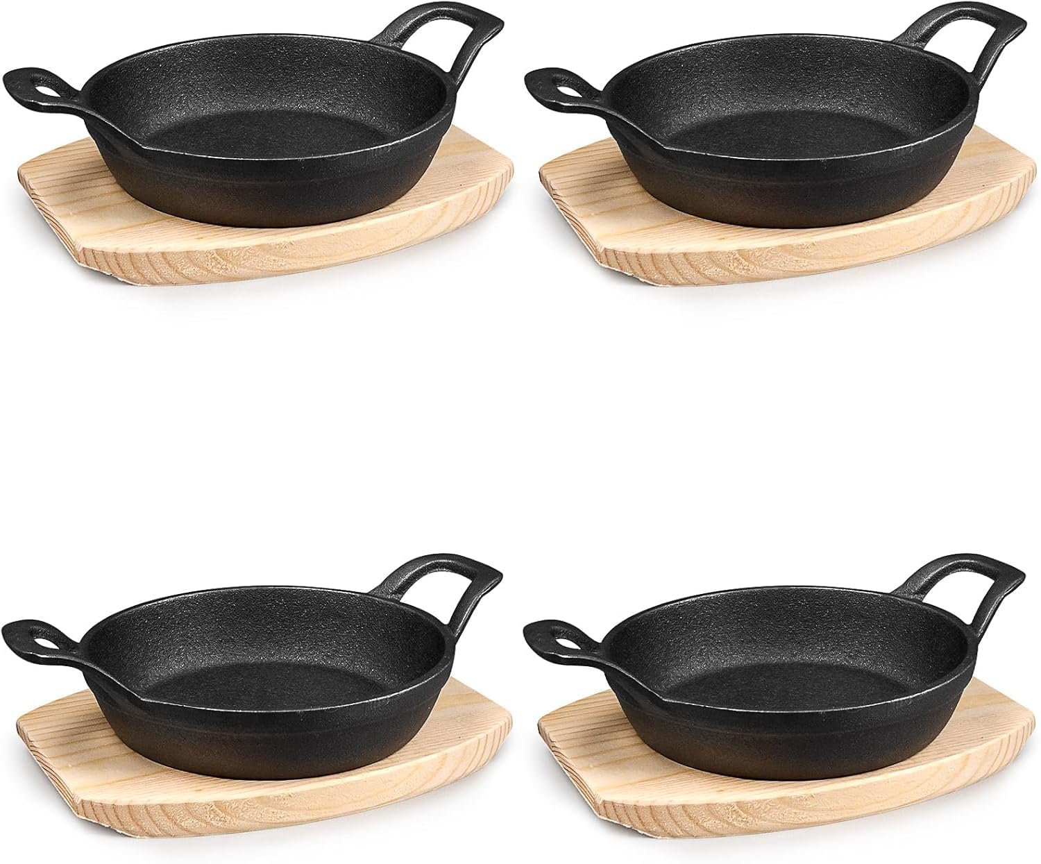 LYCN 4 Sets Mini Cast Iron Skillets, Small Cast Iron Serving Plate with Wooden Base, Fajita Frying Pan Round Sizzler for Kitchen Outdoor and Indoor Baking Cooking (15cm)